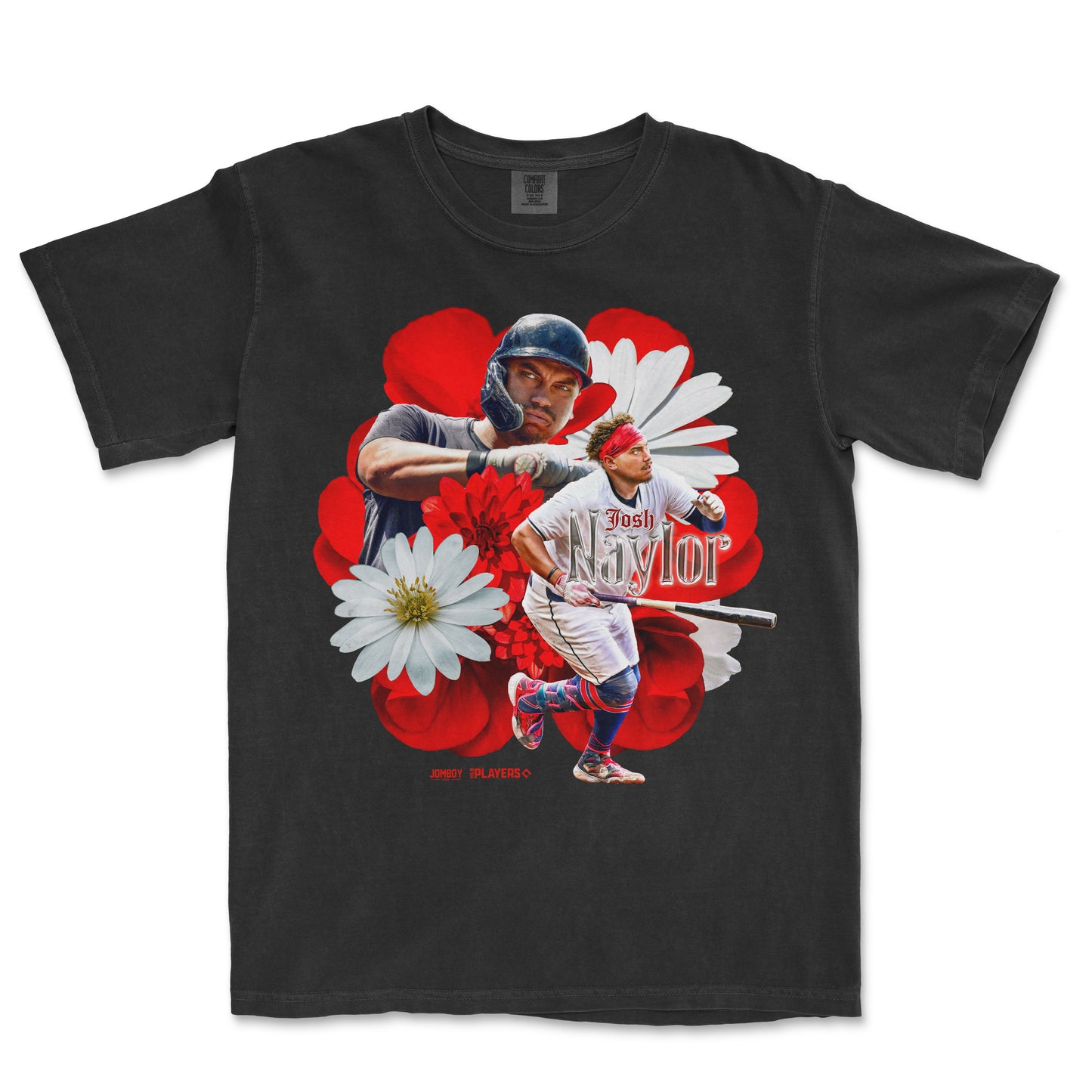 T-shirt featuring a collage of a baseball player and a baseball player with flowers and the text "Josh Naylor" on a black background.