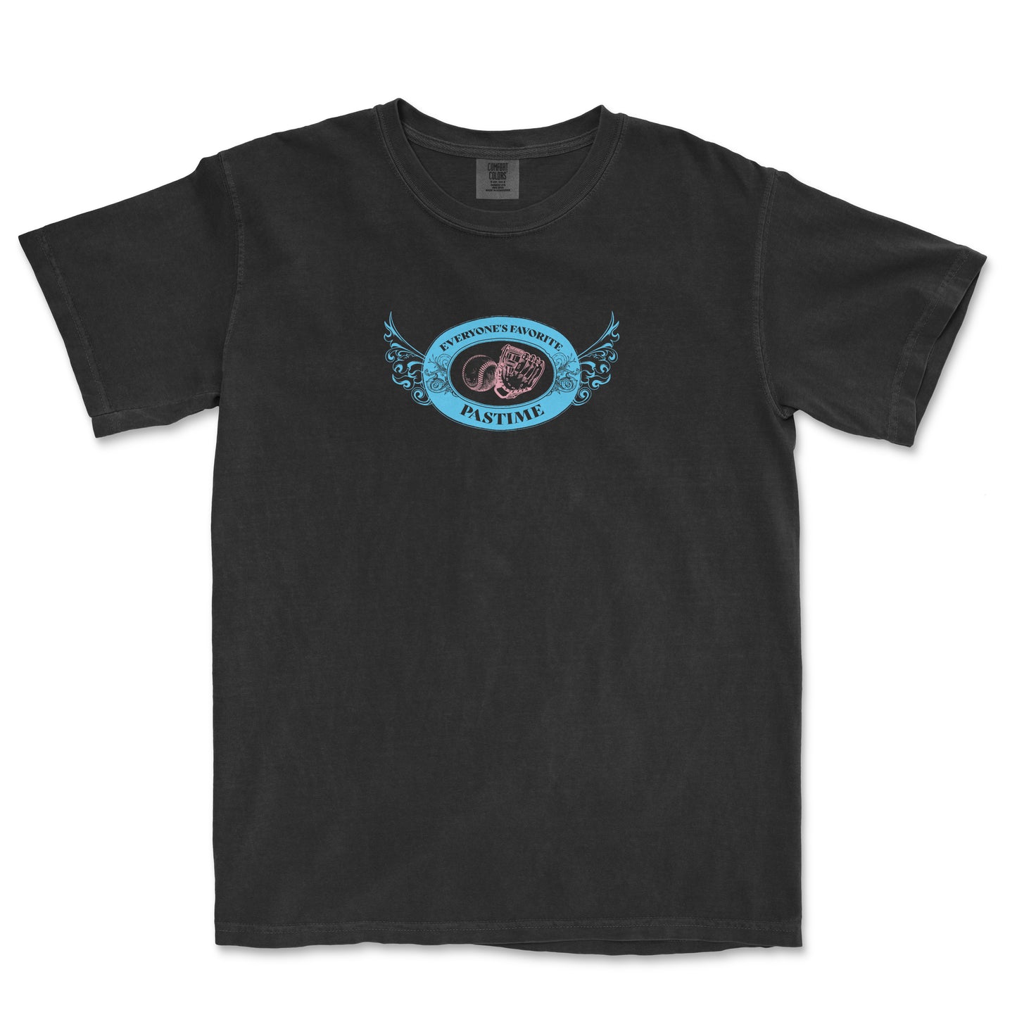 Black Comfort Colors T-shirt featuring a vintage-style graphic with a snake, baseball glove, and the text "Everyone's Favorite Pastime.