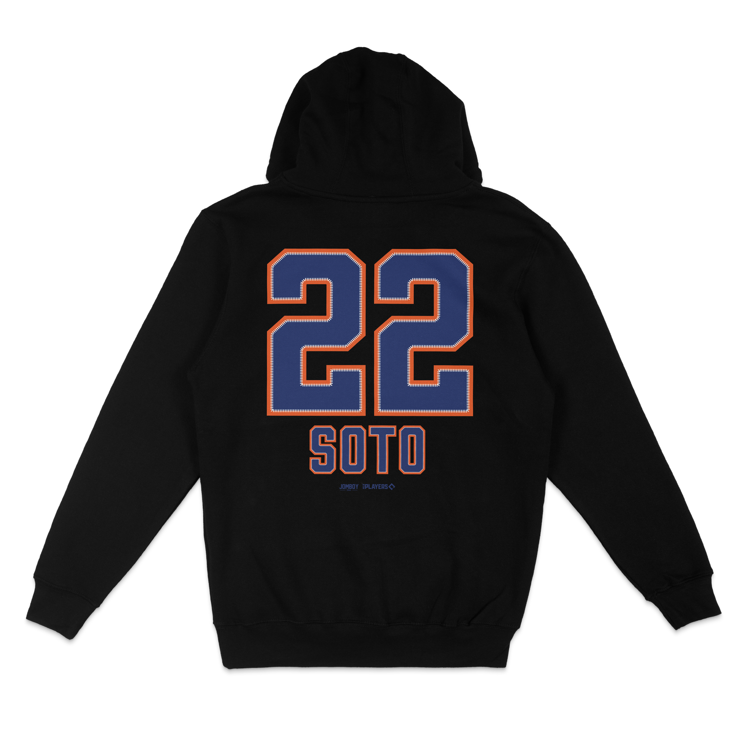Black crewneck sweatshirt featuring "22" and "SOTO" in blue and orange lettering on the back, celebrating Juan Soto with NYM branding.