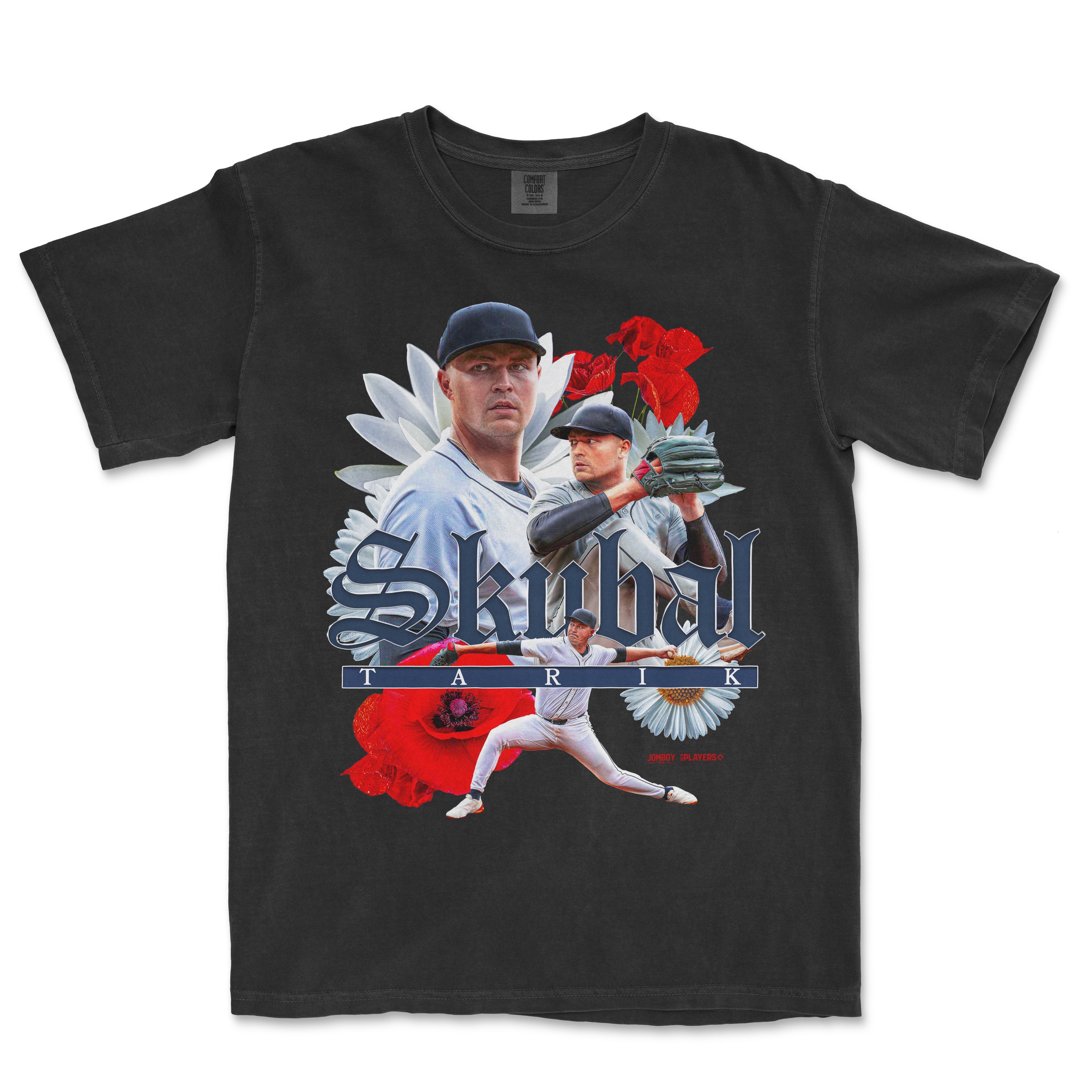 Black T-shirt featuring a collage of baseball players, flowers, and the text "Skubal" in bold, gothic font.