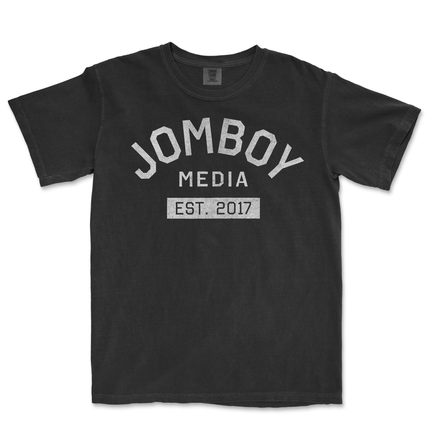 Black Comfort Colors T-shirt with "Jomboy Media Est. 2017" printed in white, vintage-style text on the front.