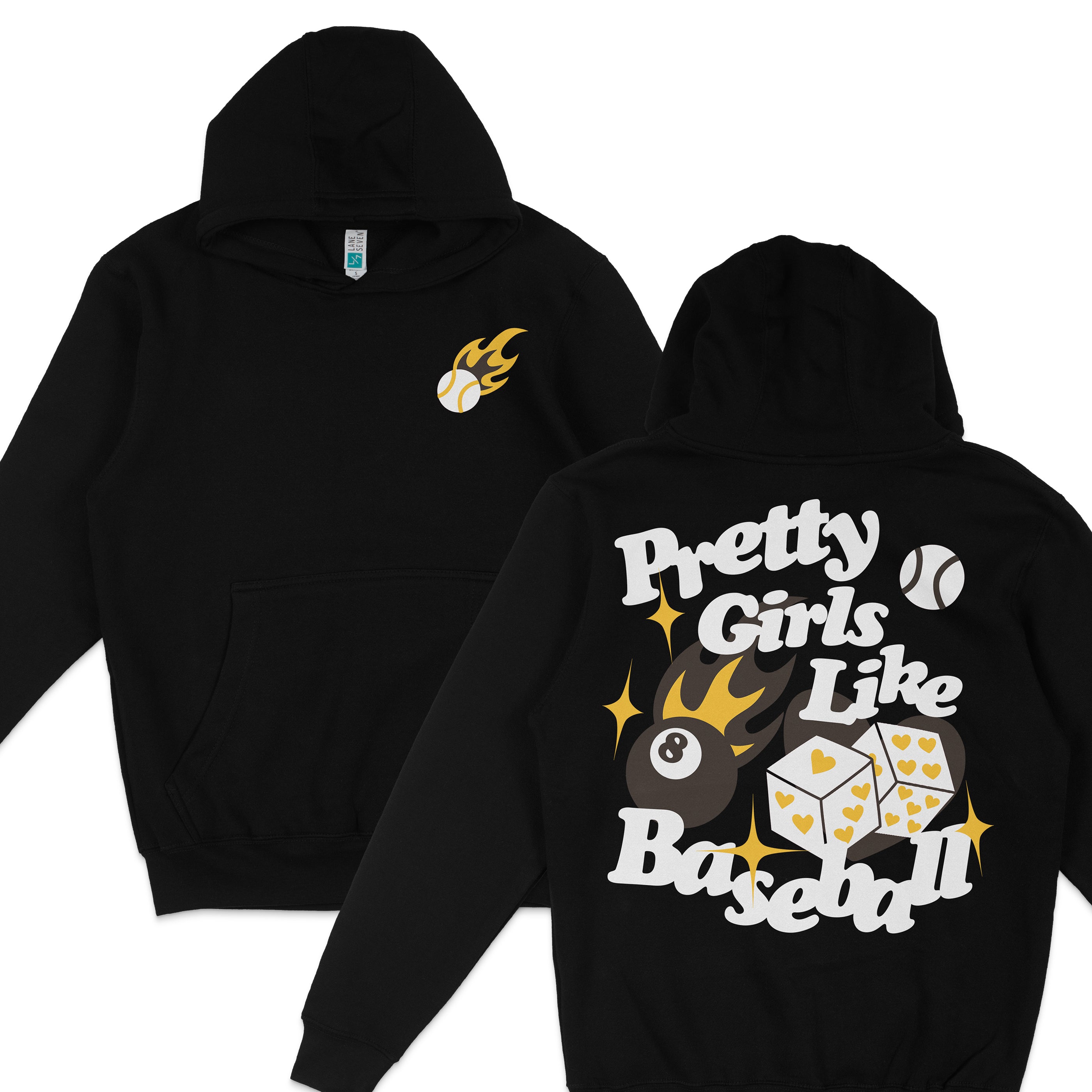 Black hoodie with "Pretty Girls Like Baseball" graphic, featuring a flaming baseball, dice, and stars on the back.