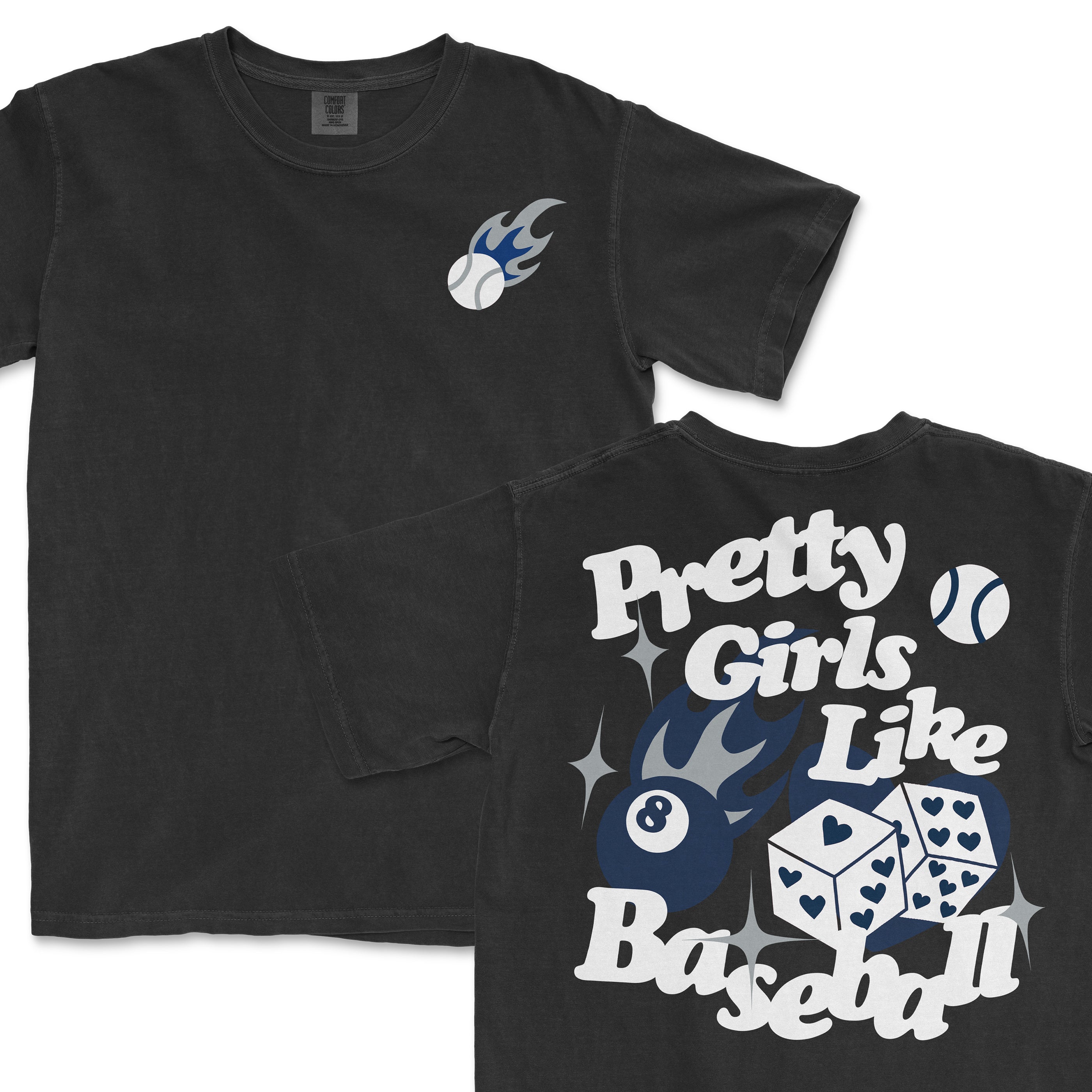 Black T-shirt with "Pretty Girls Like Baseball" slogan, baseball graphics, dice, and flames design on the back.