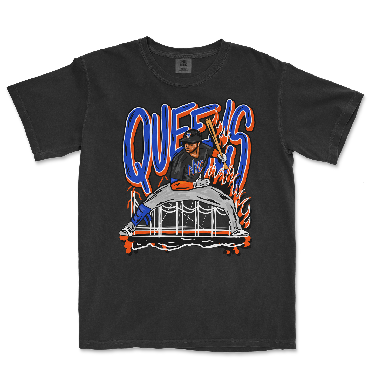 Black T-shirt featuring a graphic of a baseball player in a batting stance with "Queens NY" text and vibrant orange and blue accents.