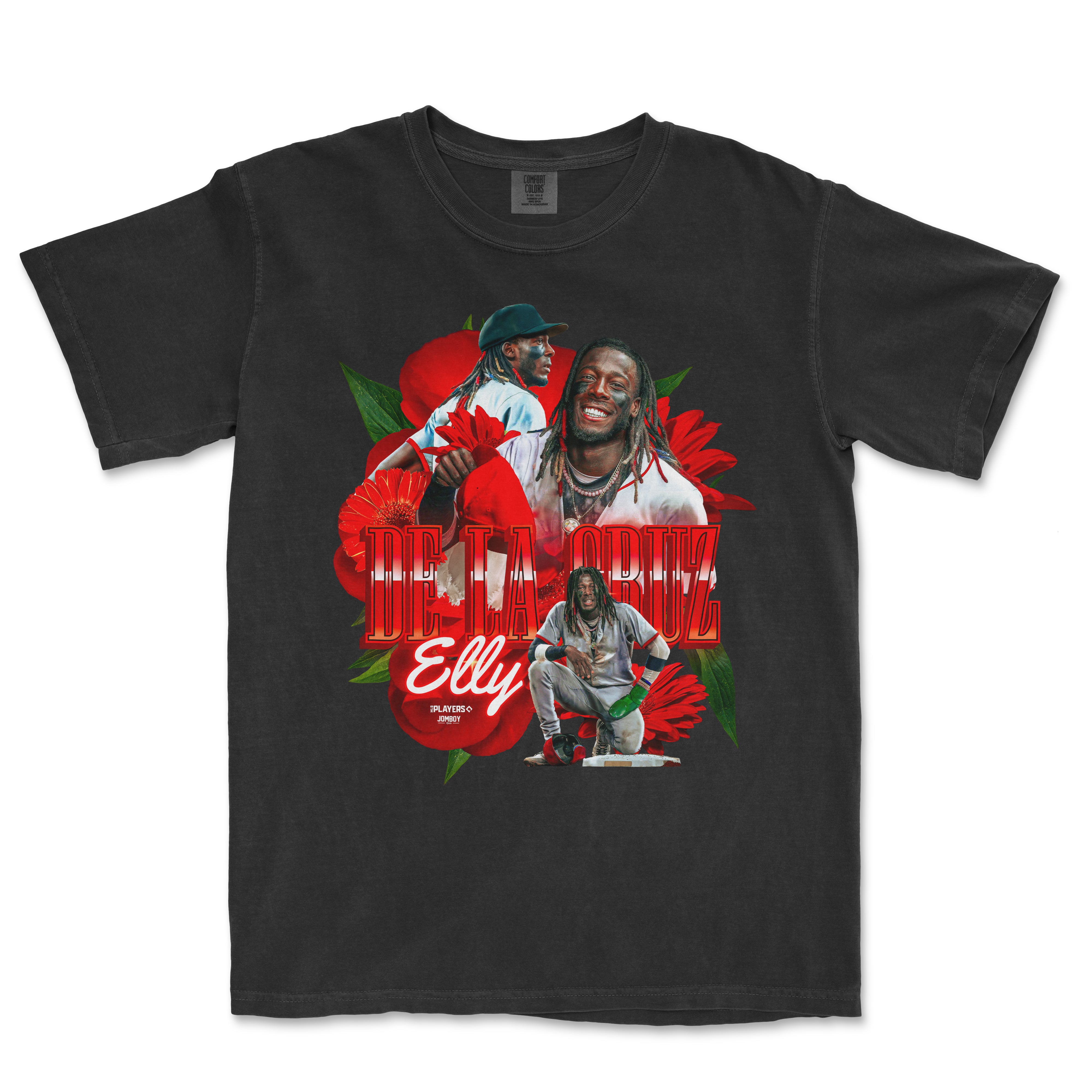 Black Comfort Colors T-shirt featuring a colorful graphic of Elly De La Cruz with flowers, text, and multiple images of him smiling.