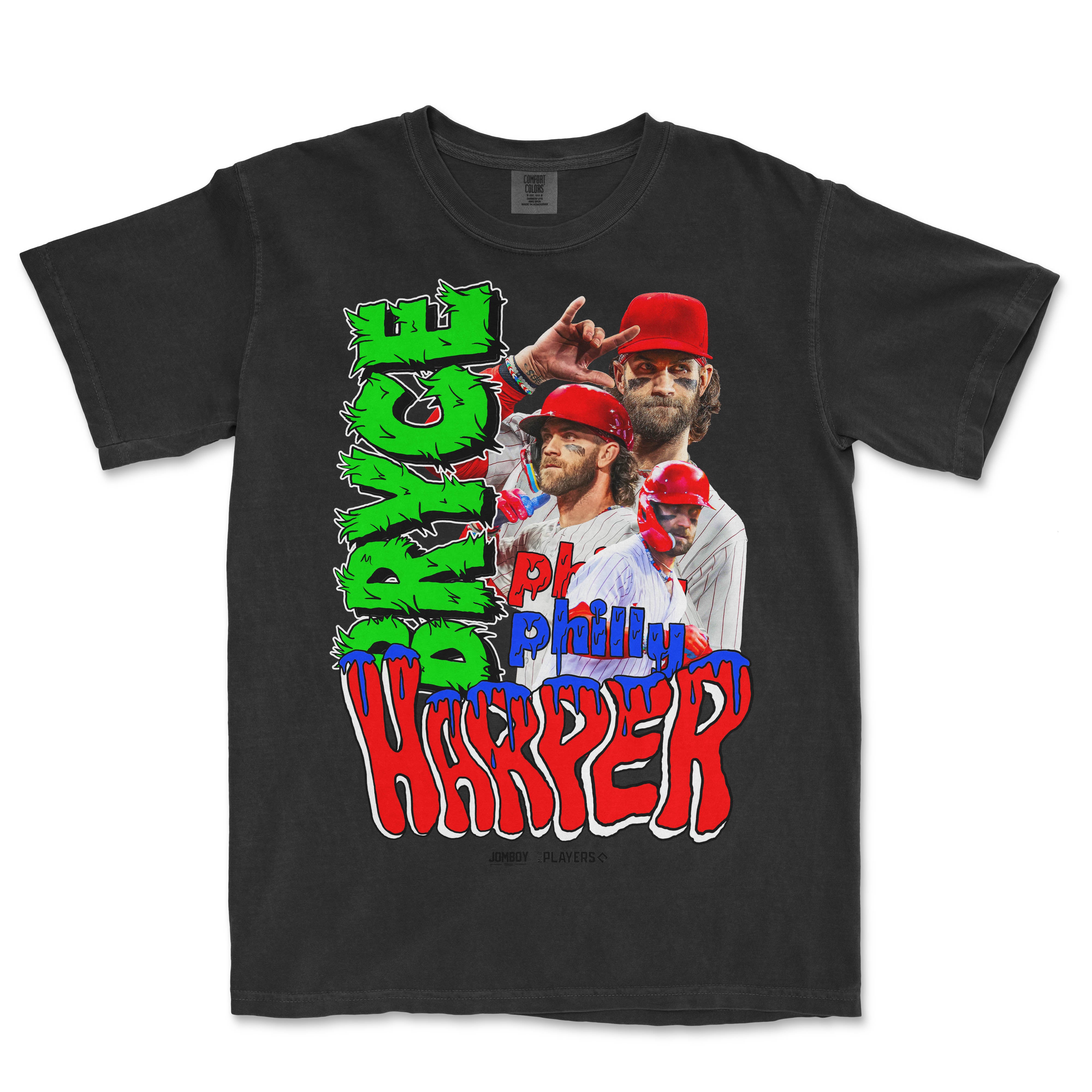 Black Comfort Colors T-shirt featuring a colorful graphic of Bryce Harper in various poses, with bold, graffiti-style text.