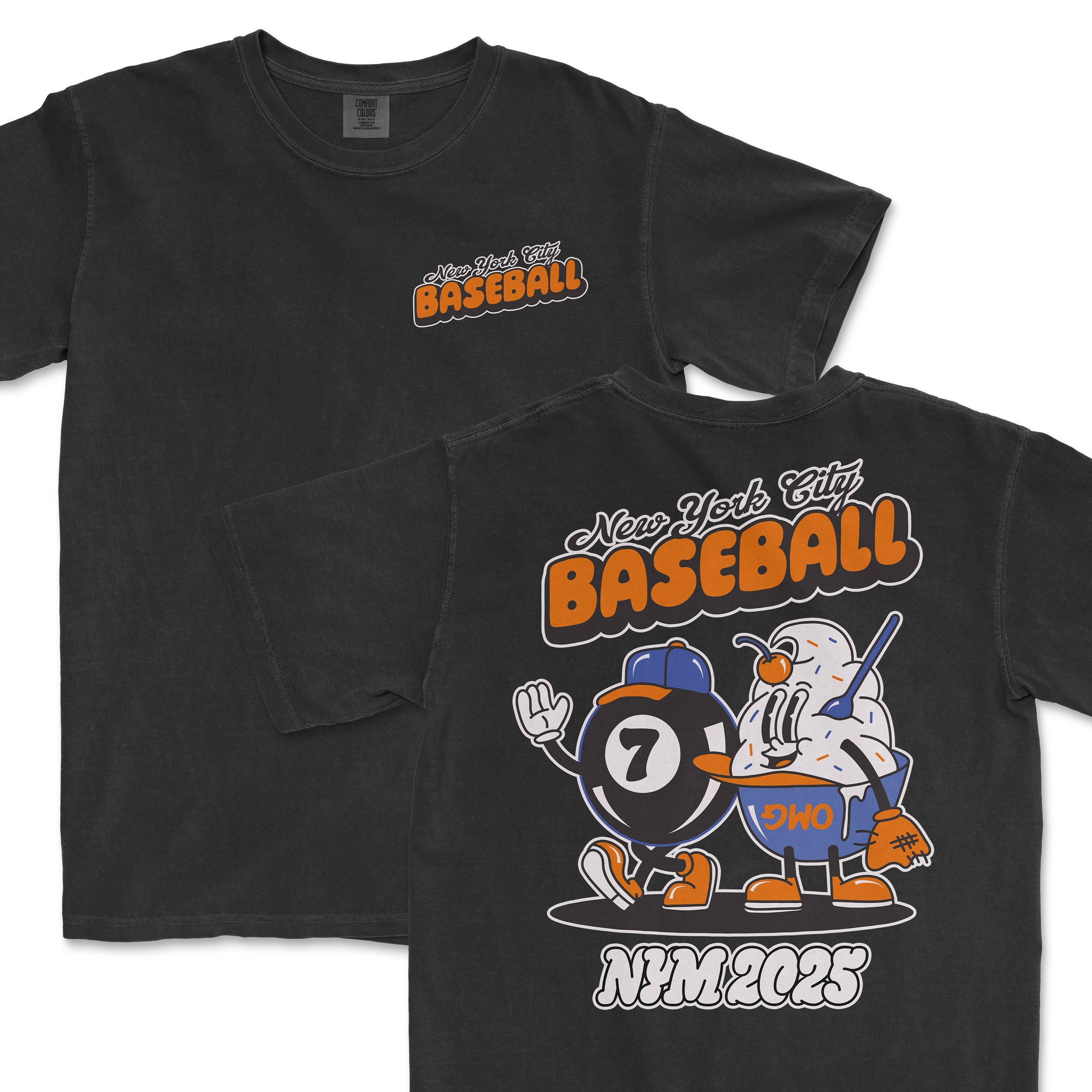 Black Comfort Colors T-shirt featuring a vintage-style graphic of a cartoon baseball with a magic 7 ball face, "New York City Baseball" text, and "2023" on the back.
