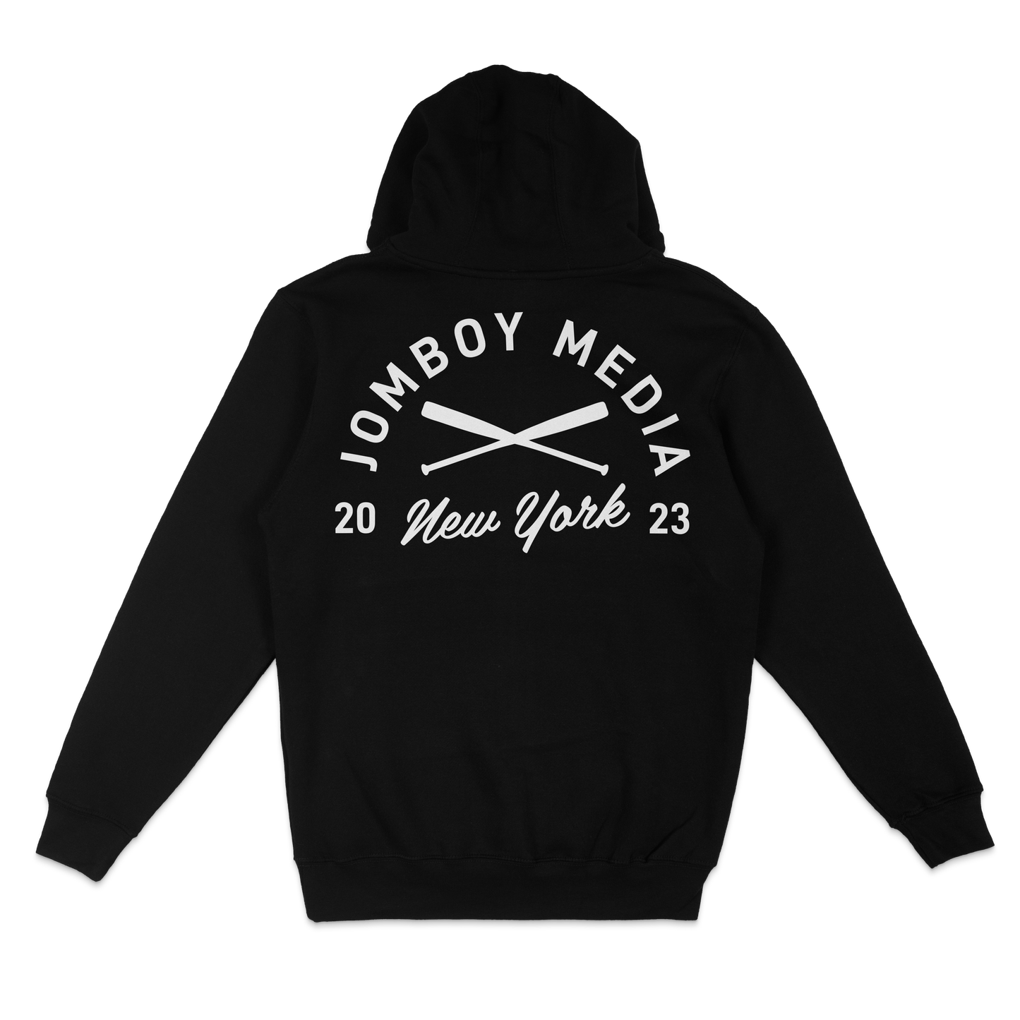 Black pullover fleece hoodie featuring a white "Jombo Boy Media" crest with crossed paddles, "New York 2023" text, and a stylish script.