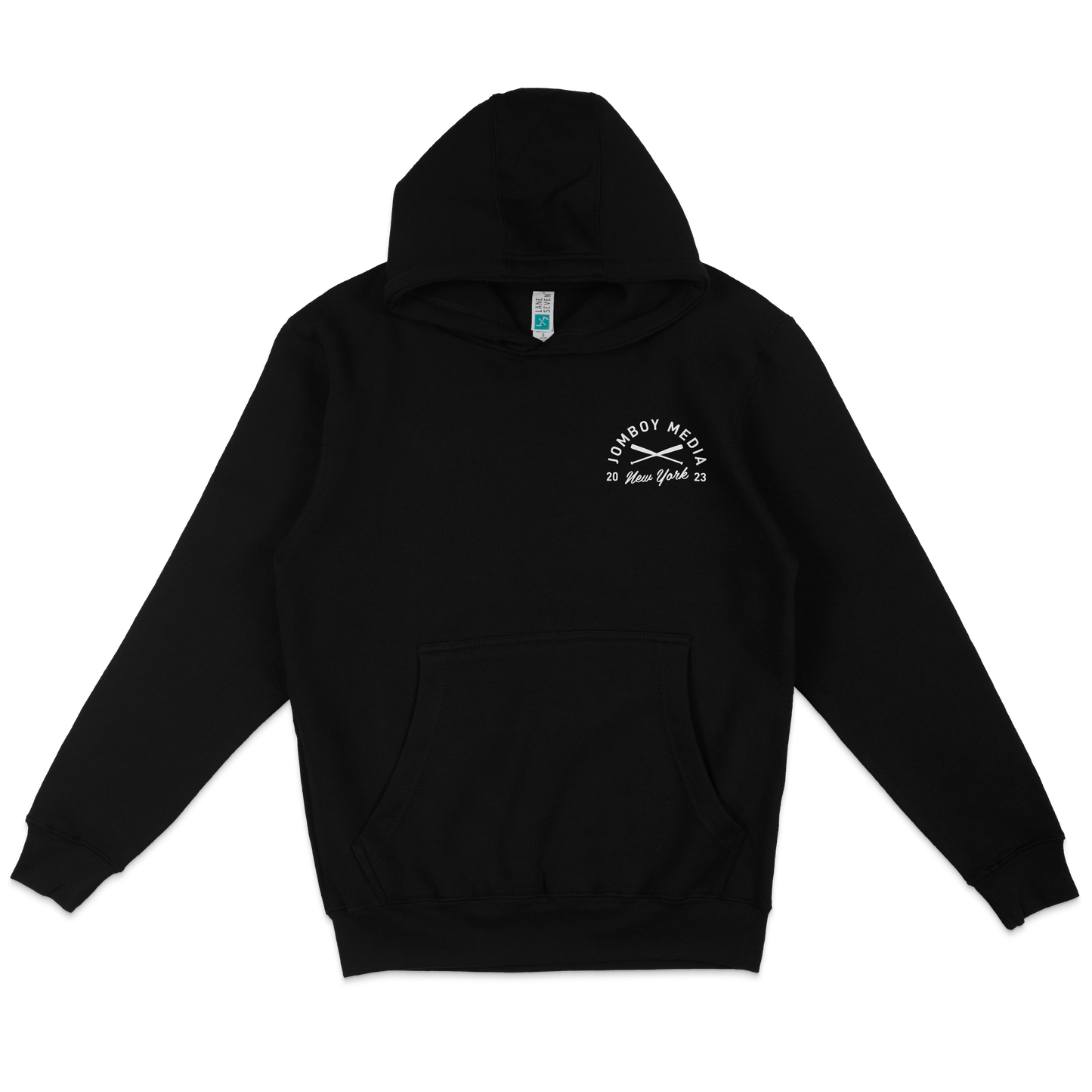Black hoodie featuring a white "JM Coat Of Arms" logo with "Omboy Media," "New York," and "2023" text and crossed lines on the chest.