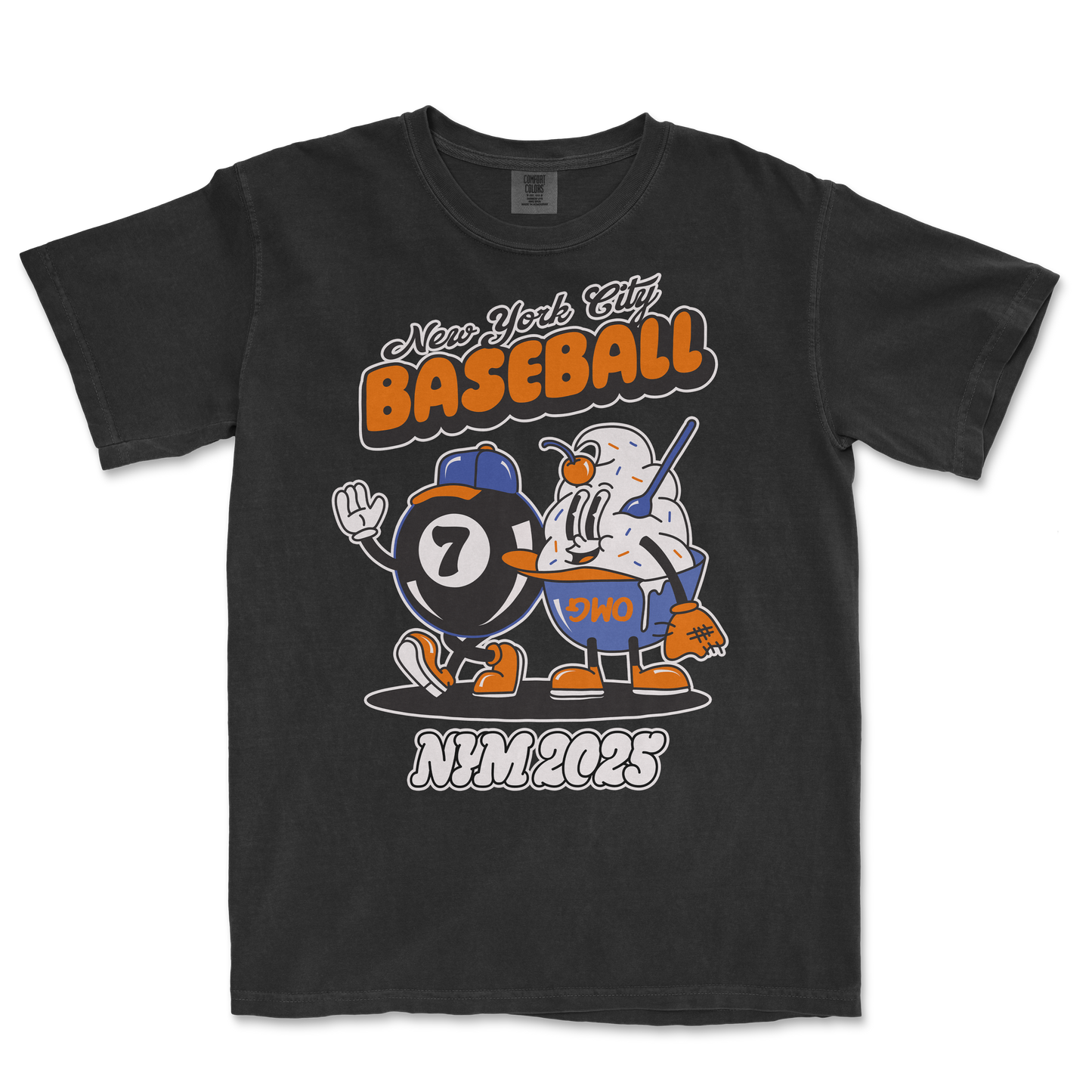 Black Comfort Colors T-shirt featuring a vintage-style graphic of a magic 7 ball and ice cream character with baseball gloves, with "New York City Baseball" text.