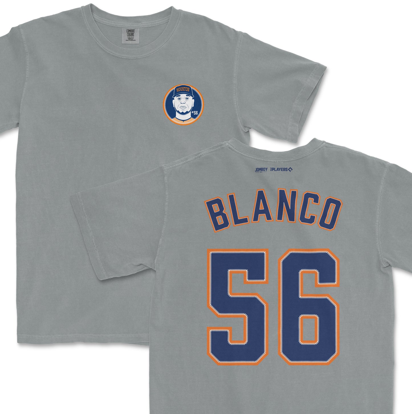 Gray Ronel Blanco Shirsey with "Blanco" and number 56 in blue and orange on the back, and a team logo on the front chest.