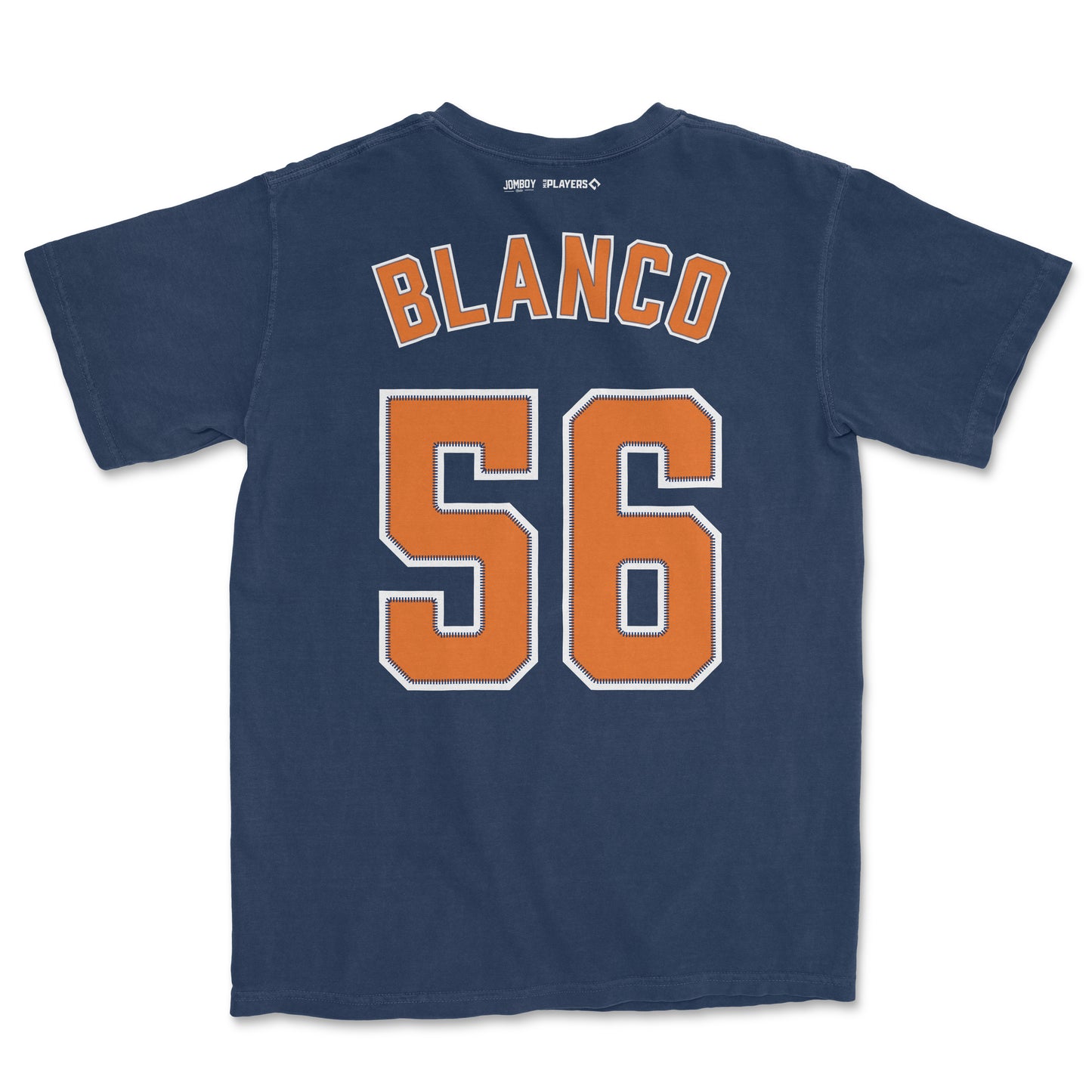 Back view of a navy blue Ronel Blanco Shirsey with orange and white outlined number 56 and "BLANCO" text on the upper back.