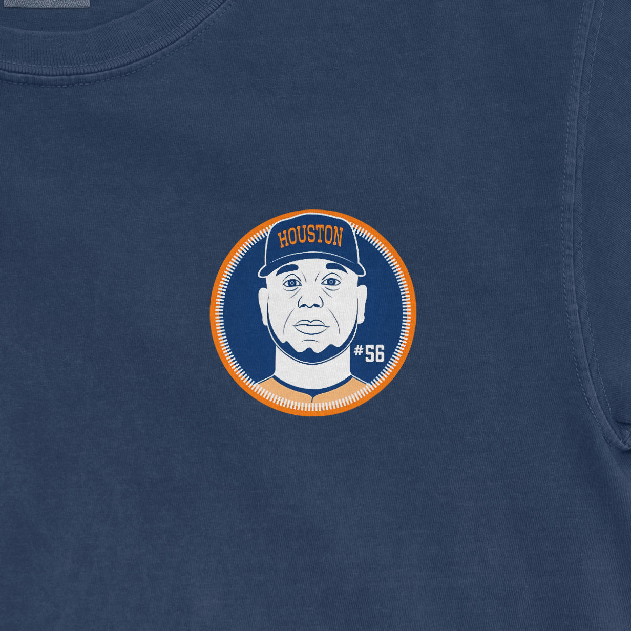 Blue Ronel Blanco Shirsey featuring a graphic of a man's face, "Houston" cap, and "#56" on the front.