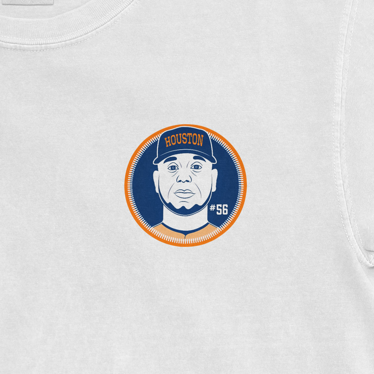 White Ronel Blanco Shirsey featuring a circular graphic of a man's face wearing a Houston cap, with "#56" on a navy background.