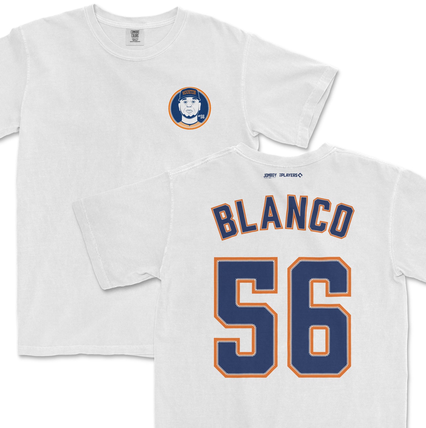 White Ronel Blanco Shirsey featuring a front logo of a face with "Houston" and "#56," and a back with "Blanco" and the number 56 in blue and orange.