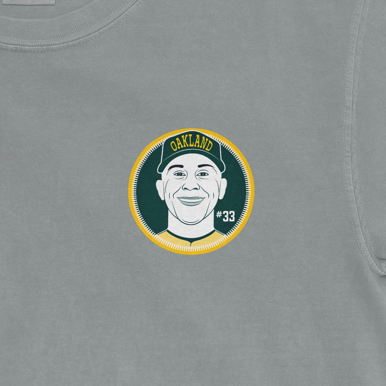Comfort Colors tee featuring a circular graphic of JJ Bleday with "Oakland" and "#33" on a gray background.