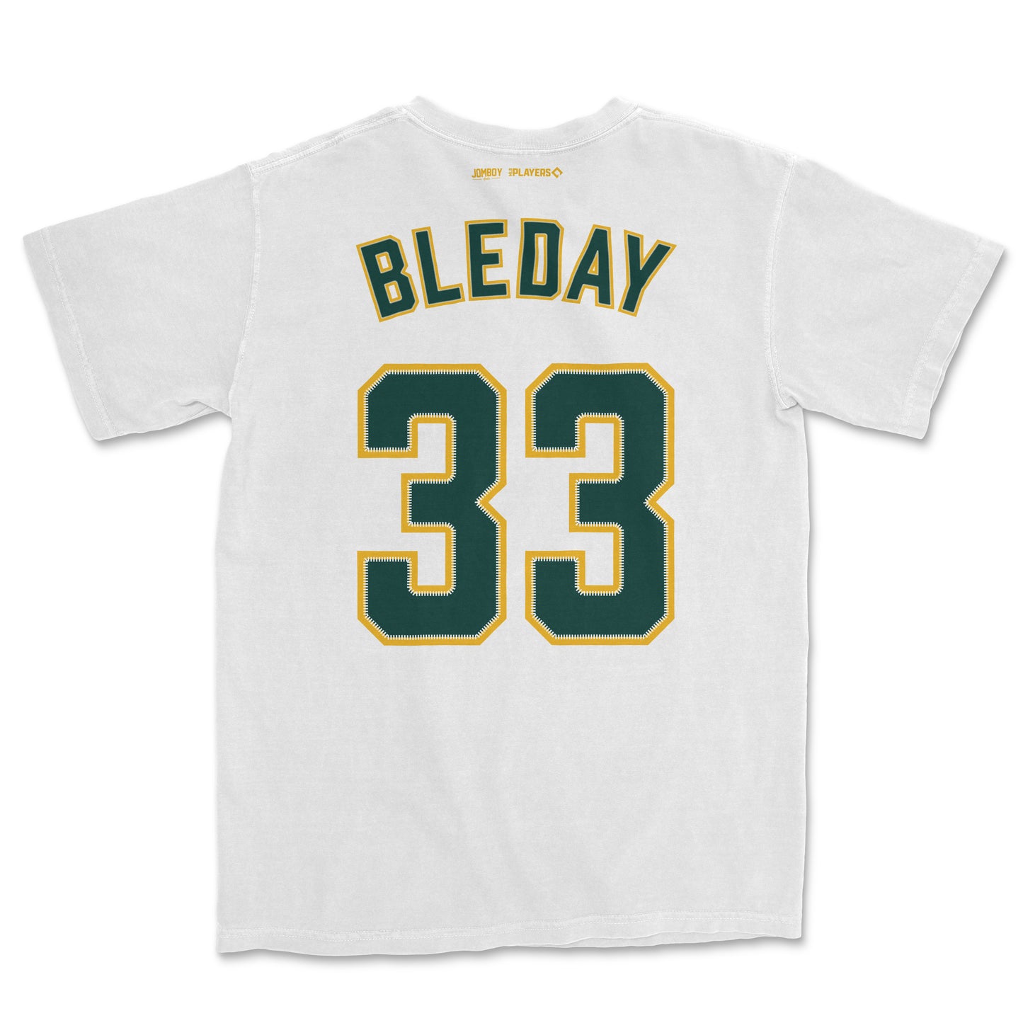 White Comfort Colors tee featuring "Bleday" and the number 33 in green with yellow outline on the back.