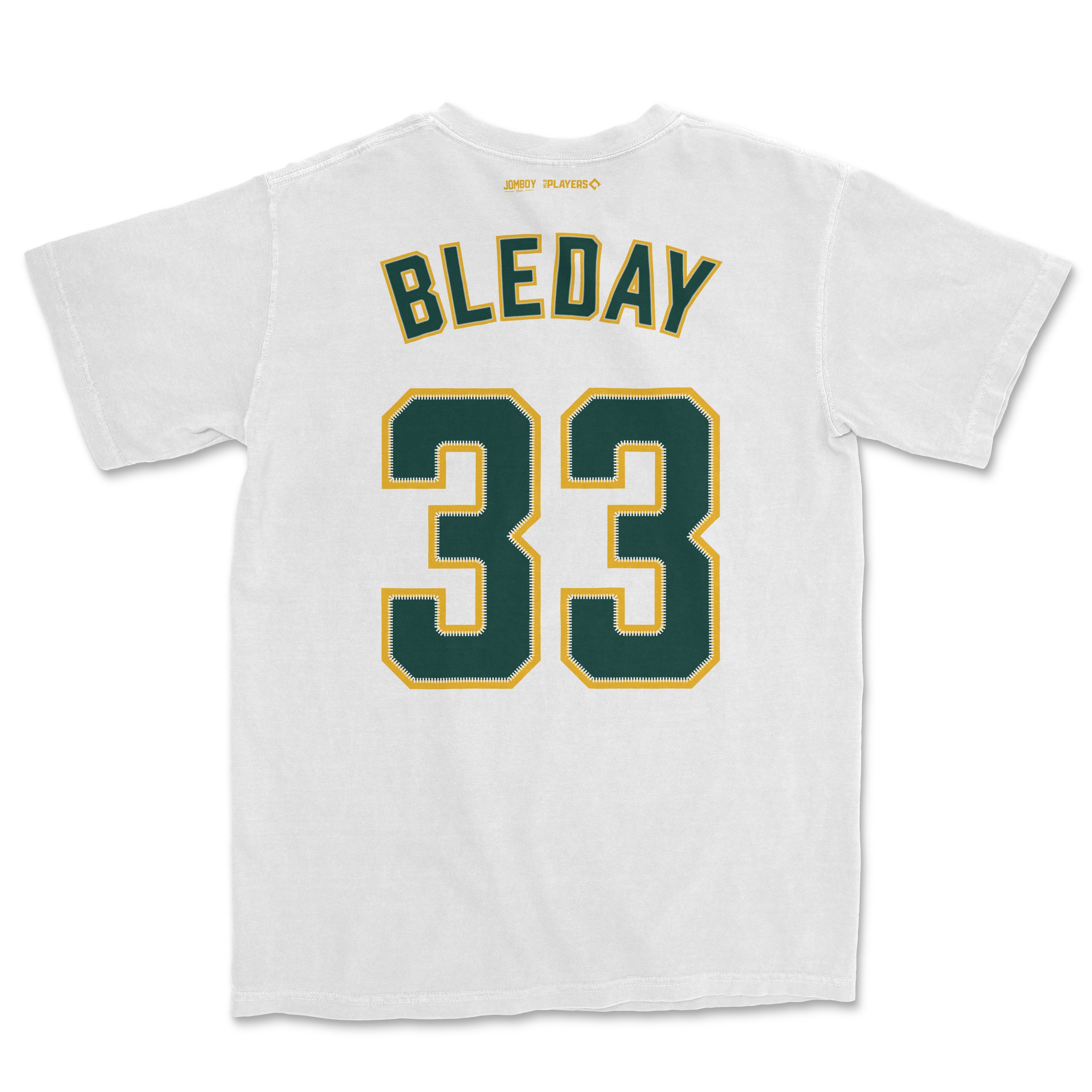 White Comfort Colors tee featuring "Bleday" and the number 33 in green with yellow outline on the back.