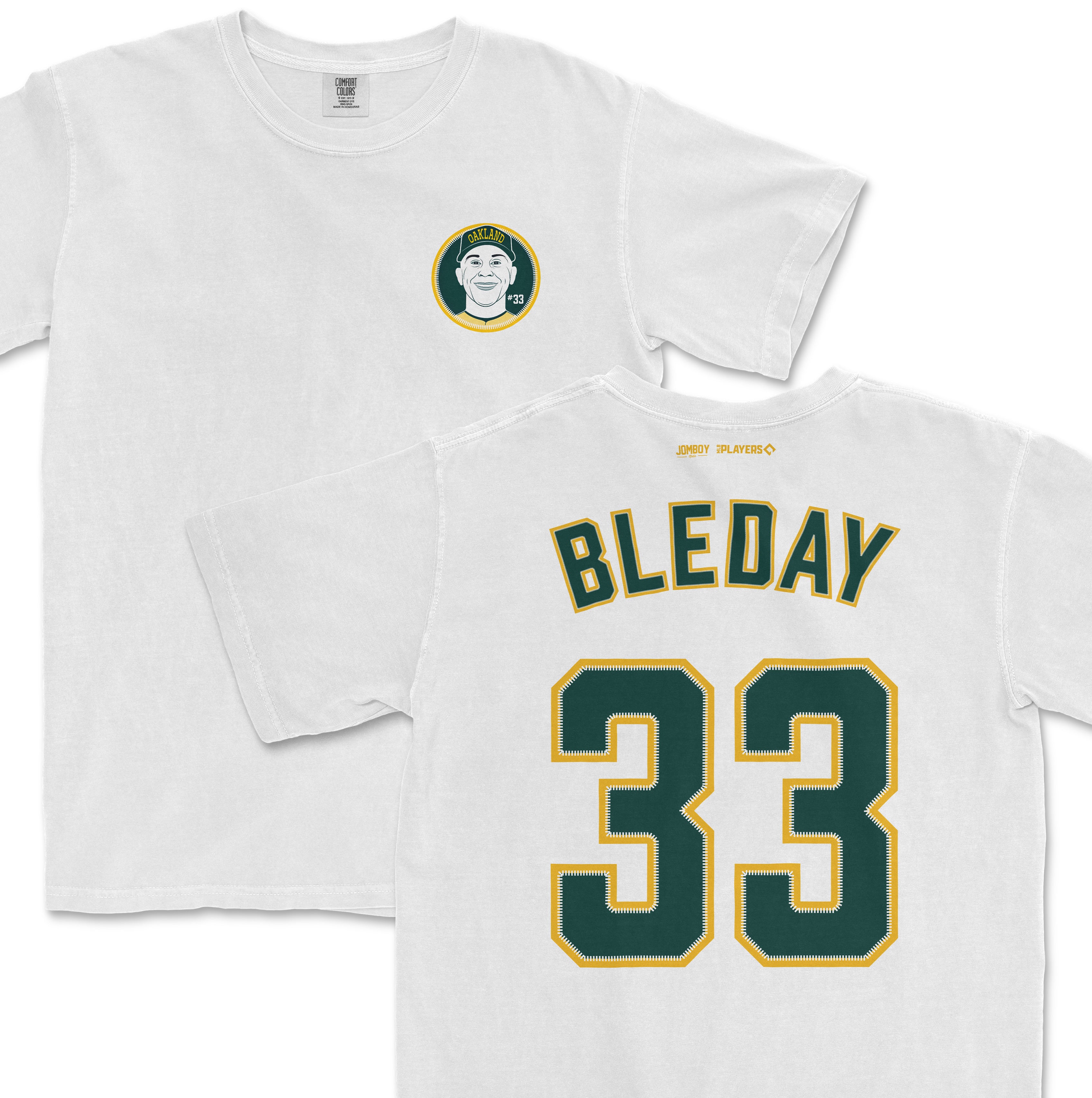 White Comfort Colors tee featuring JJ Bleday's name, number 33, and Oakland Athletics logo on front and back.