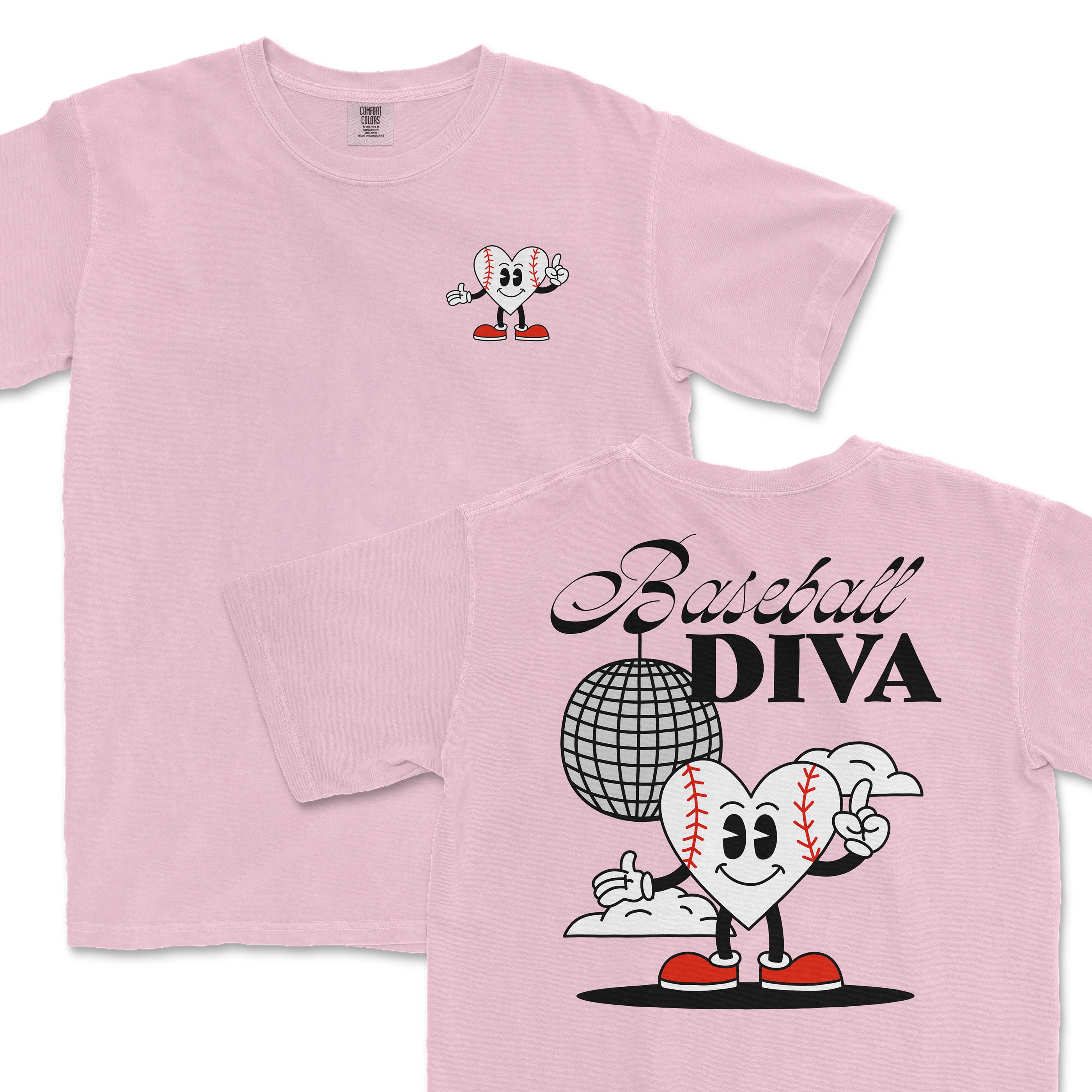Pink Comfort Colors T-shirt featuring a cute baseball heart character with sneakers, and "Baseball Diva" text with a disco ball.