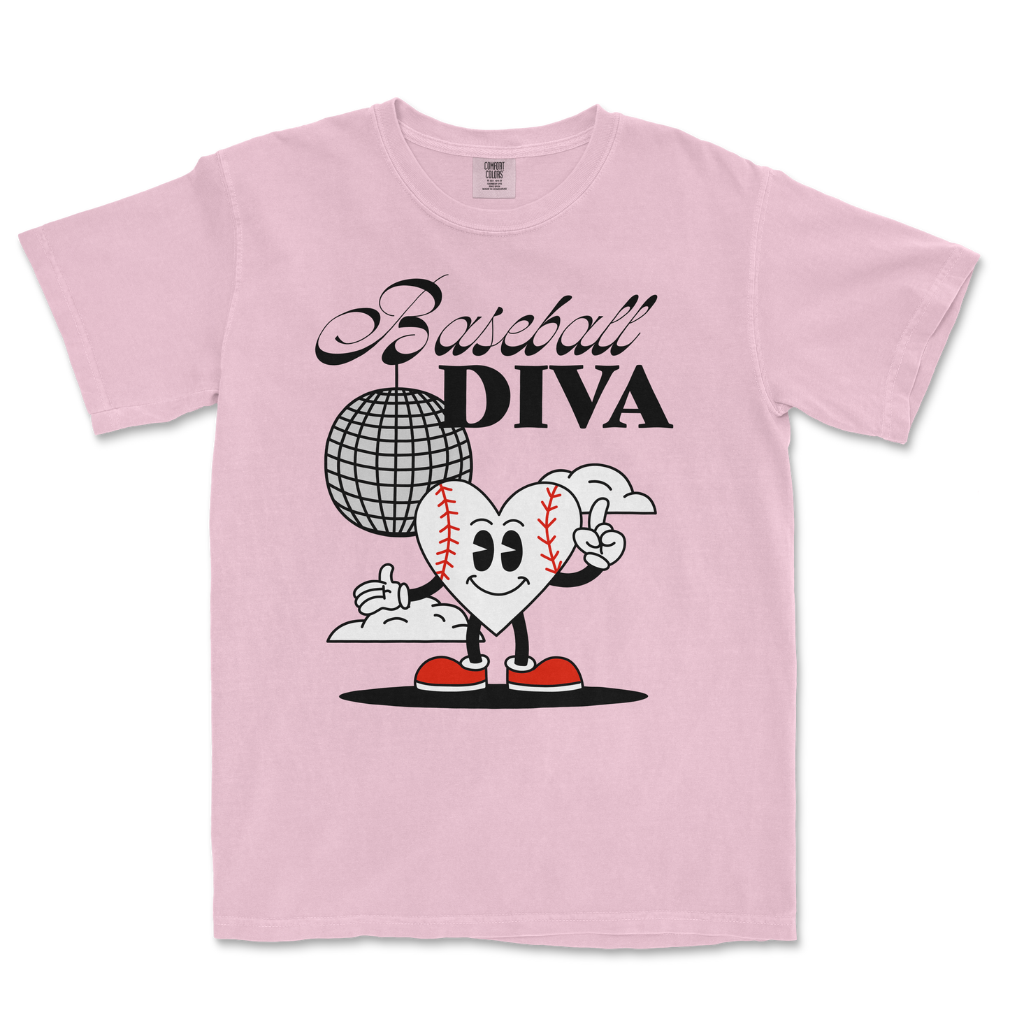 Pink Comfort Colors T-shirt featuring a cartoon heart with baseball stitches, sneakers, and the text "Baseball Diva" above.