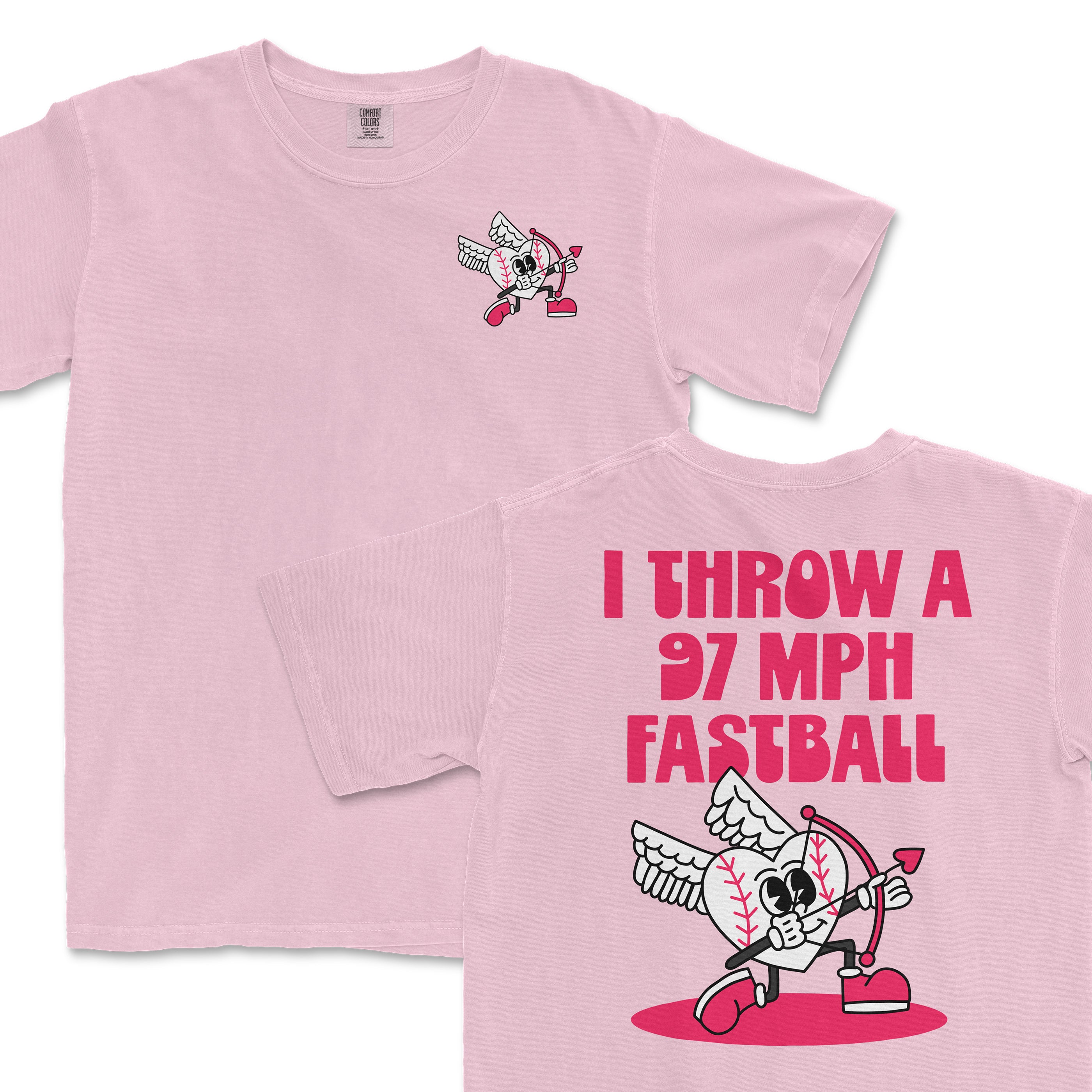 Pink Comfort Colors T-shirt featuring a cartoon baseball with wings, holding a bow and arrow, with the text "I THROW A 97 MPH FASTBALL" on the back.