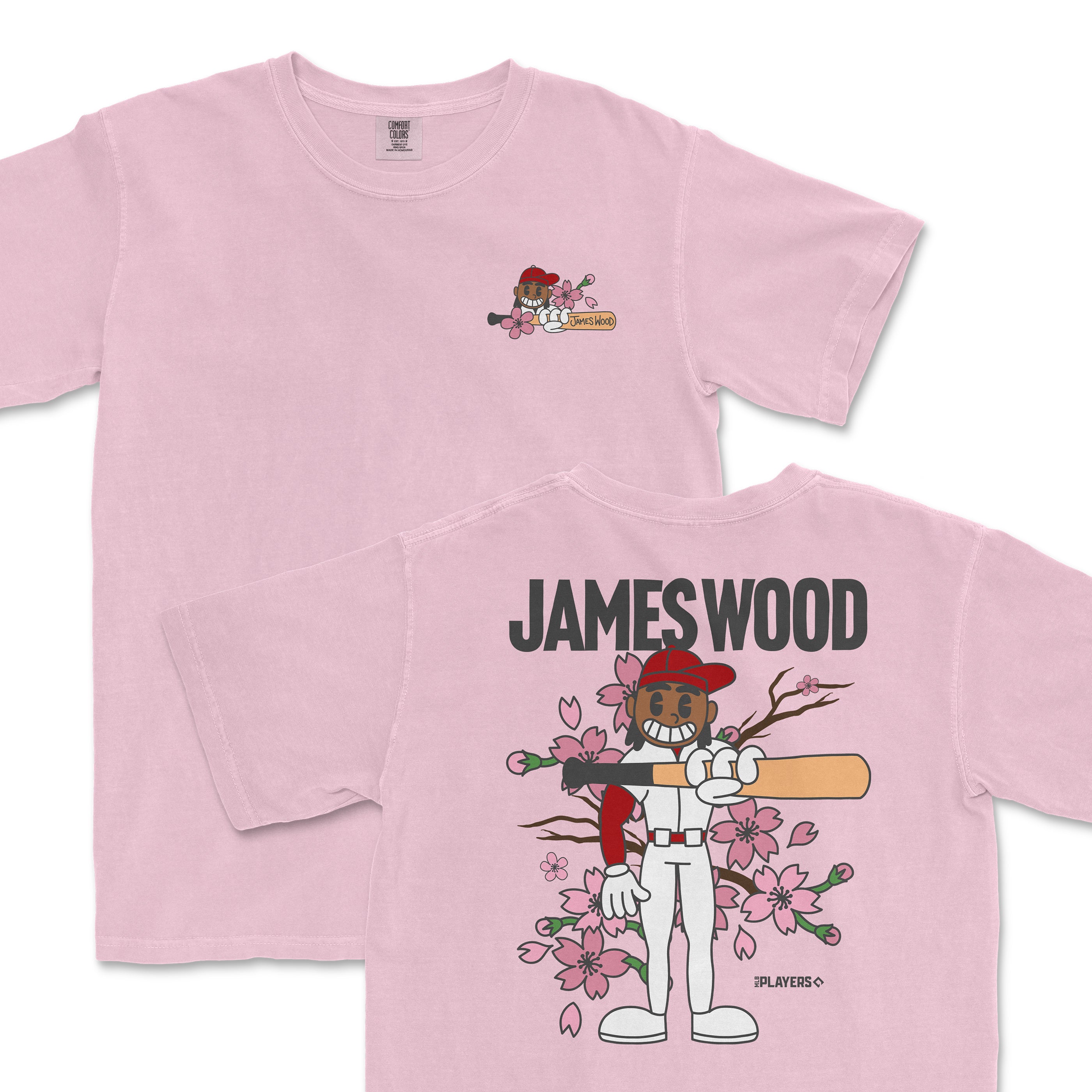 Pink t-shirt featuring a cartoon character holding a bat, surrounded by cherry blossoms, with "JAMES WOOD" printed on the back.