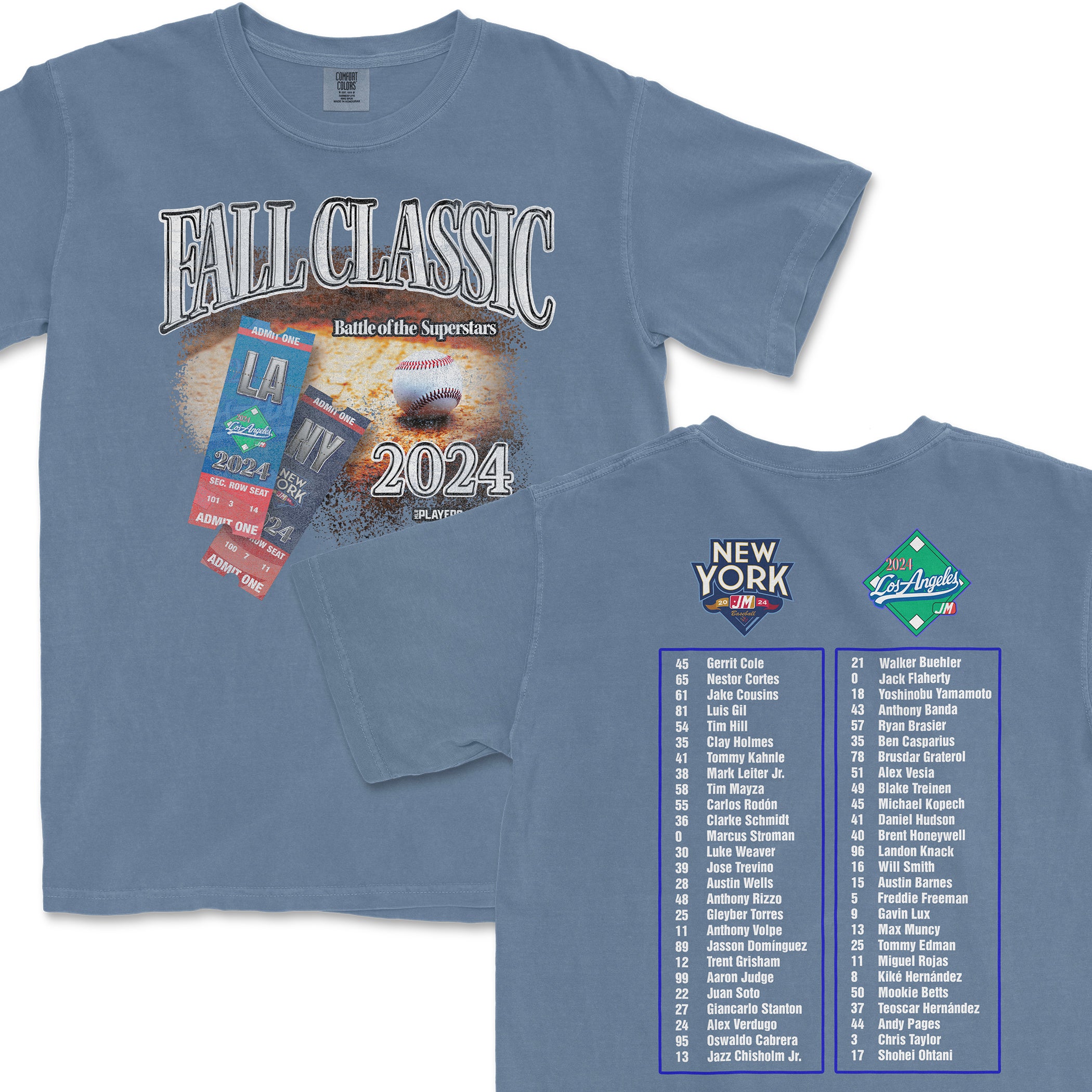 Blue T-shirt featuring "Fall Classic 2024" baseball matchup between LA Dodgers and NY Yankees, with team logos and player list.