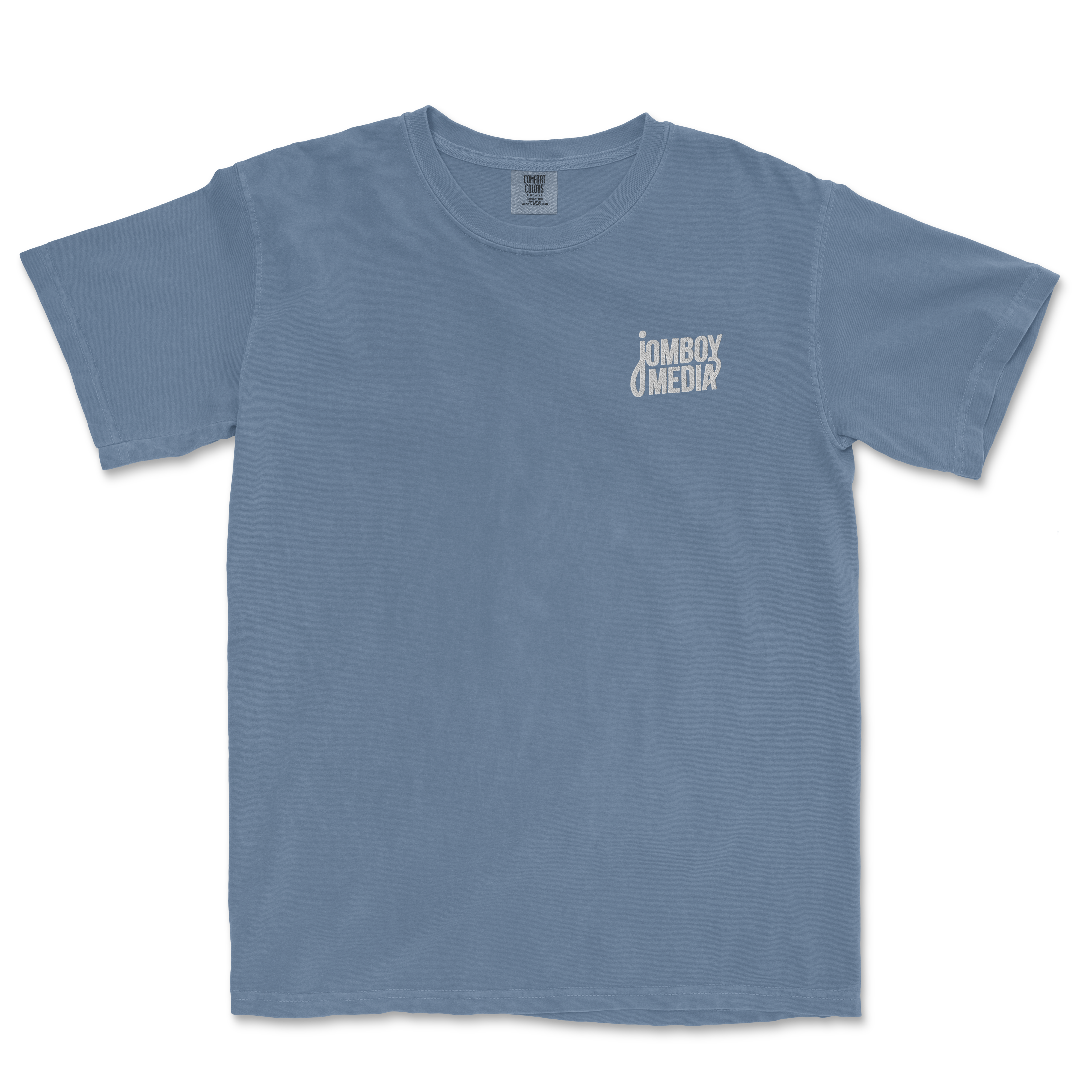 Light blue JM Essentials '25 Embroidered Tee featuring the Jomboy Media logo on the left chest. Ideal for sports fans.