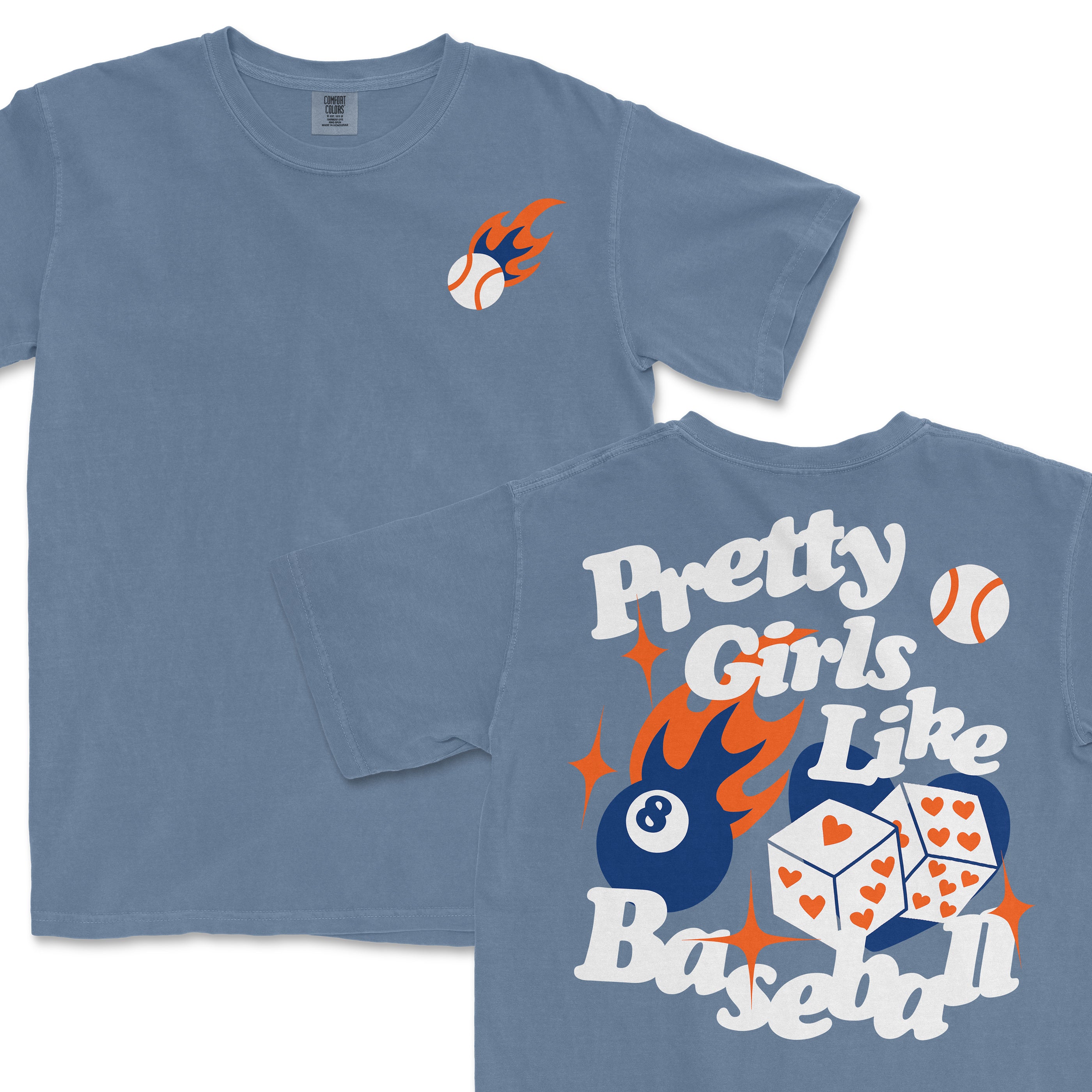 Blue T-shirt with "Pretty Girls Like Baseball" text, baseball graphics, flames, and dice design on the back.