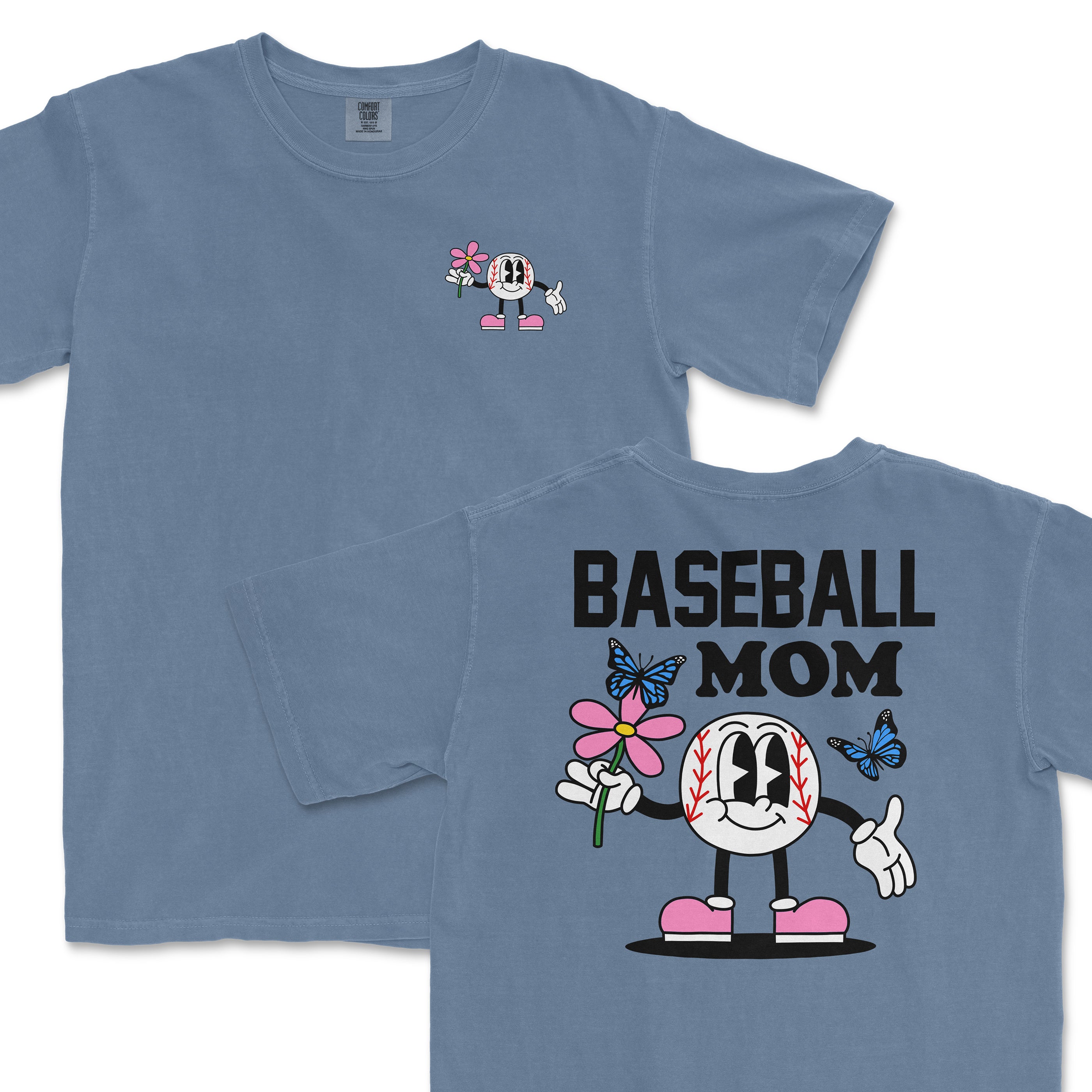 Blue Comfort Colors tee featuring a cartoon baseball character holding a pink flower, with "Baseball Mom" text and butterfly graphics.