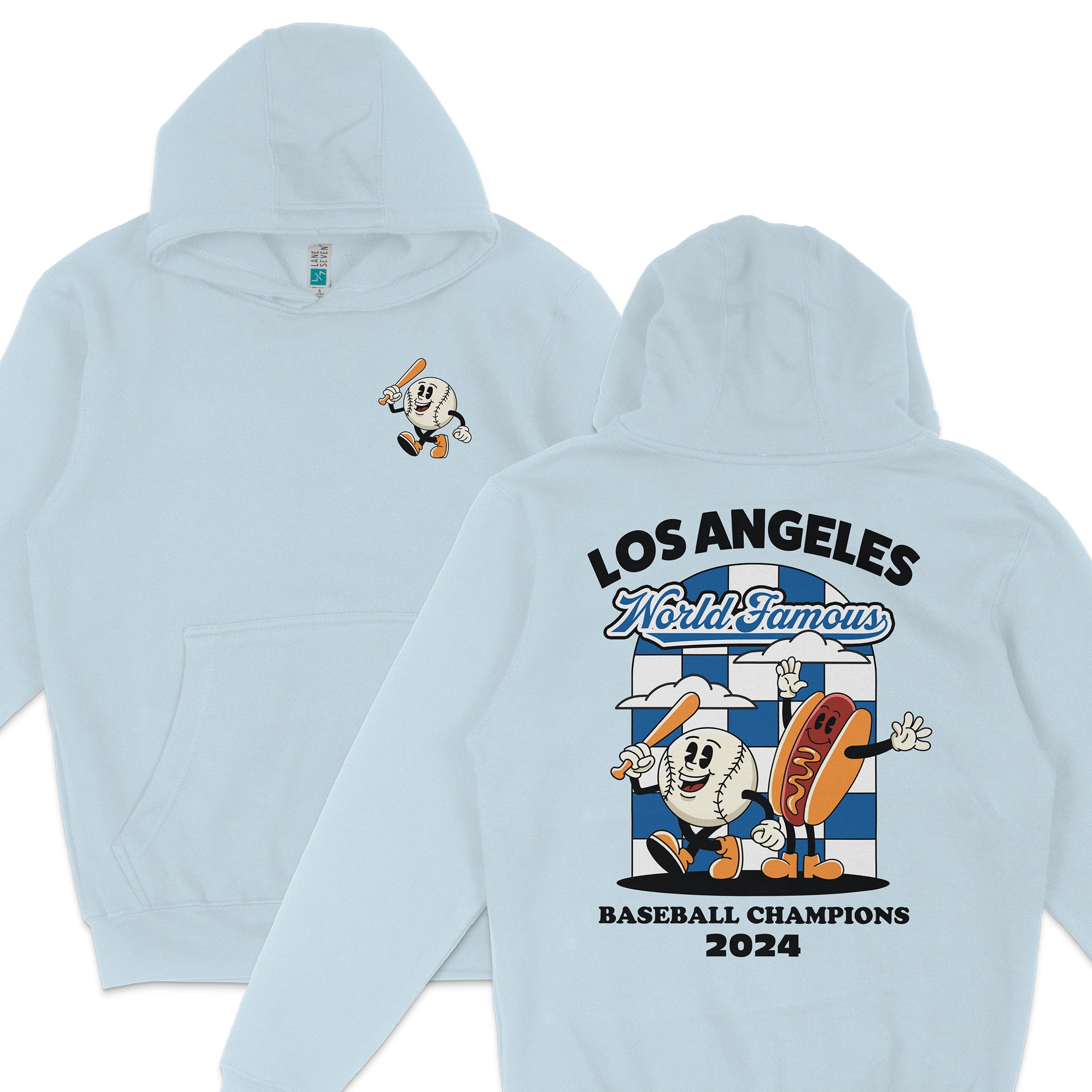 Light blue hoodie featuring a baseball and hot dog cartoon character with "Los Angeles World Famous Baseball Champions 2024" printed on the back.