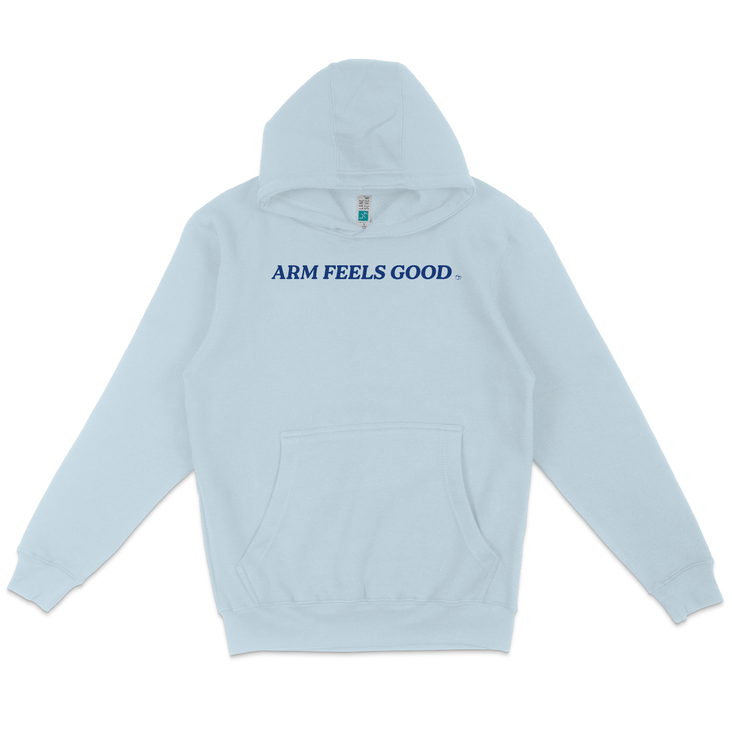 Light blue pullover fleece hoodie with "ARM FEELS GOOD" printed in navy blue on the front, featuring a front pocket and a hood.