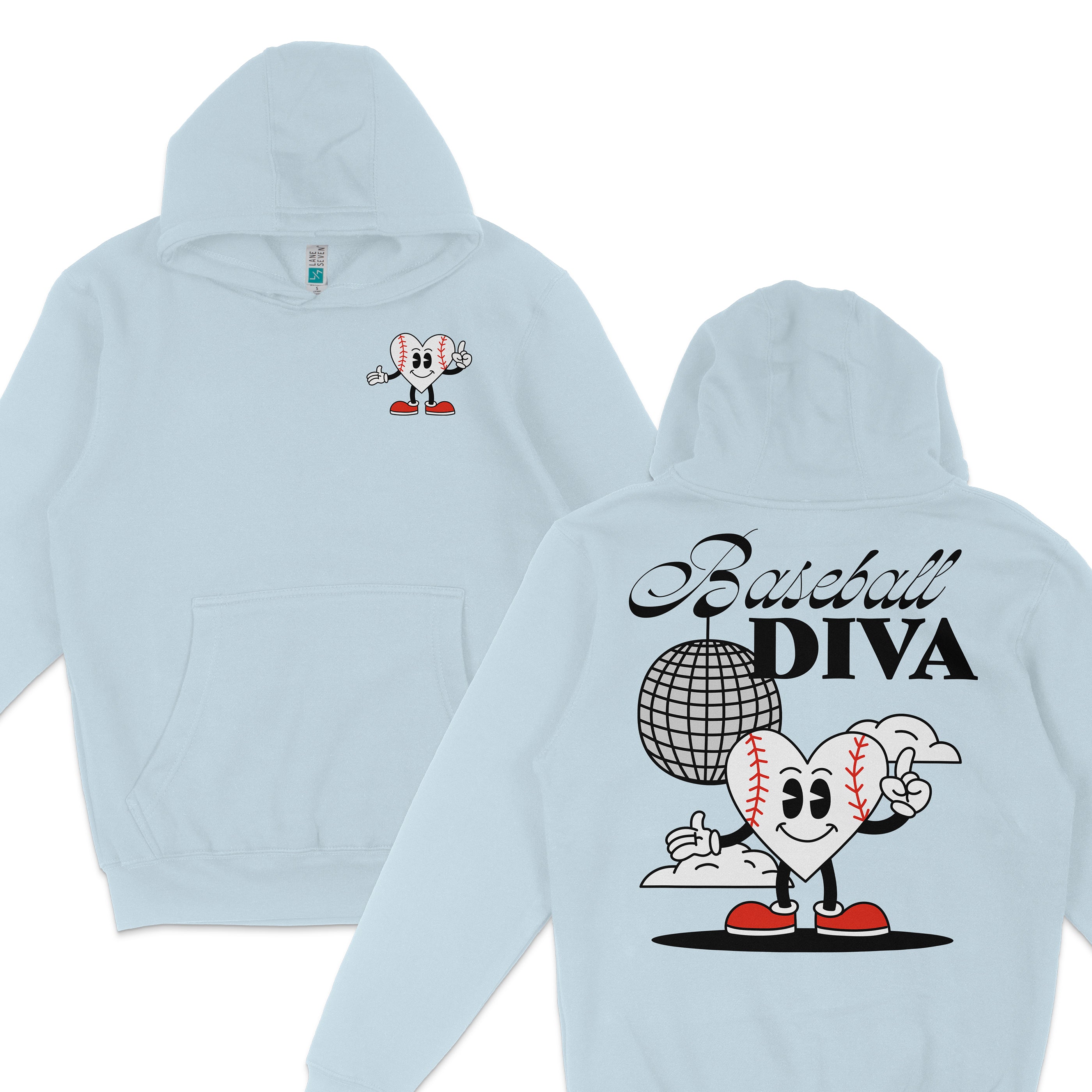 Light blue hoodie featuring a cartoon heart-shaped baseball character with sneakers, and "Baseball Diva" text with a disco ball.