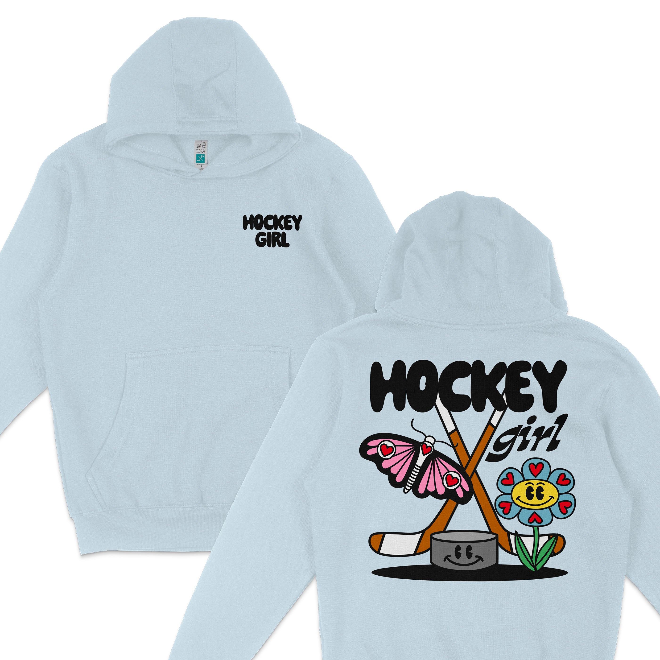 Light blue hoodie with "Hockey Girl" text, featuring a colorful design of a butterfly, flower, hockey sticks, and a smiling hockey puck.