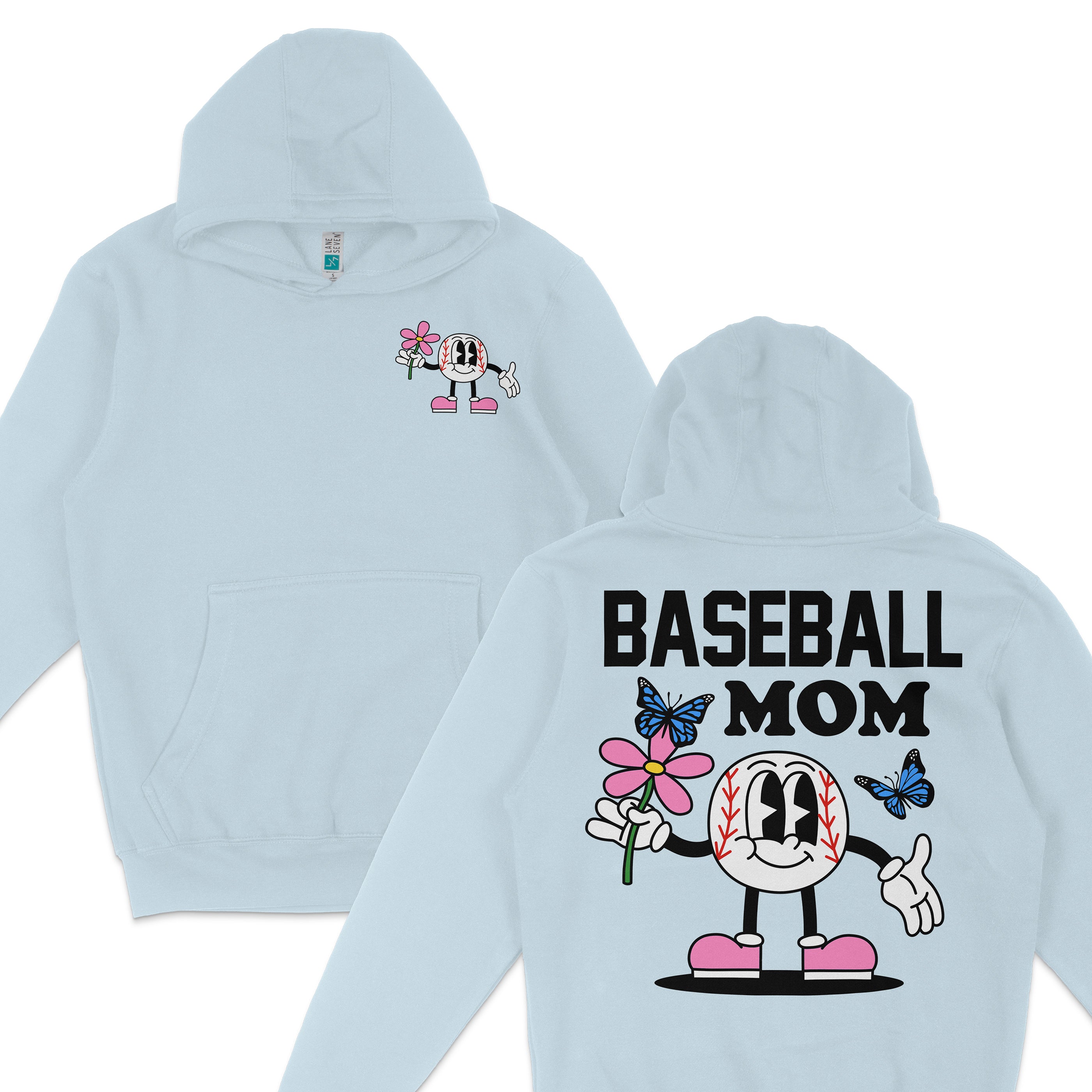 Light blue hoodie featuring a cartoon baseball character holding a pink flower and butterflies, with "Baseball Mom" text on the back.