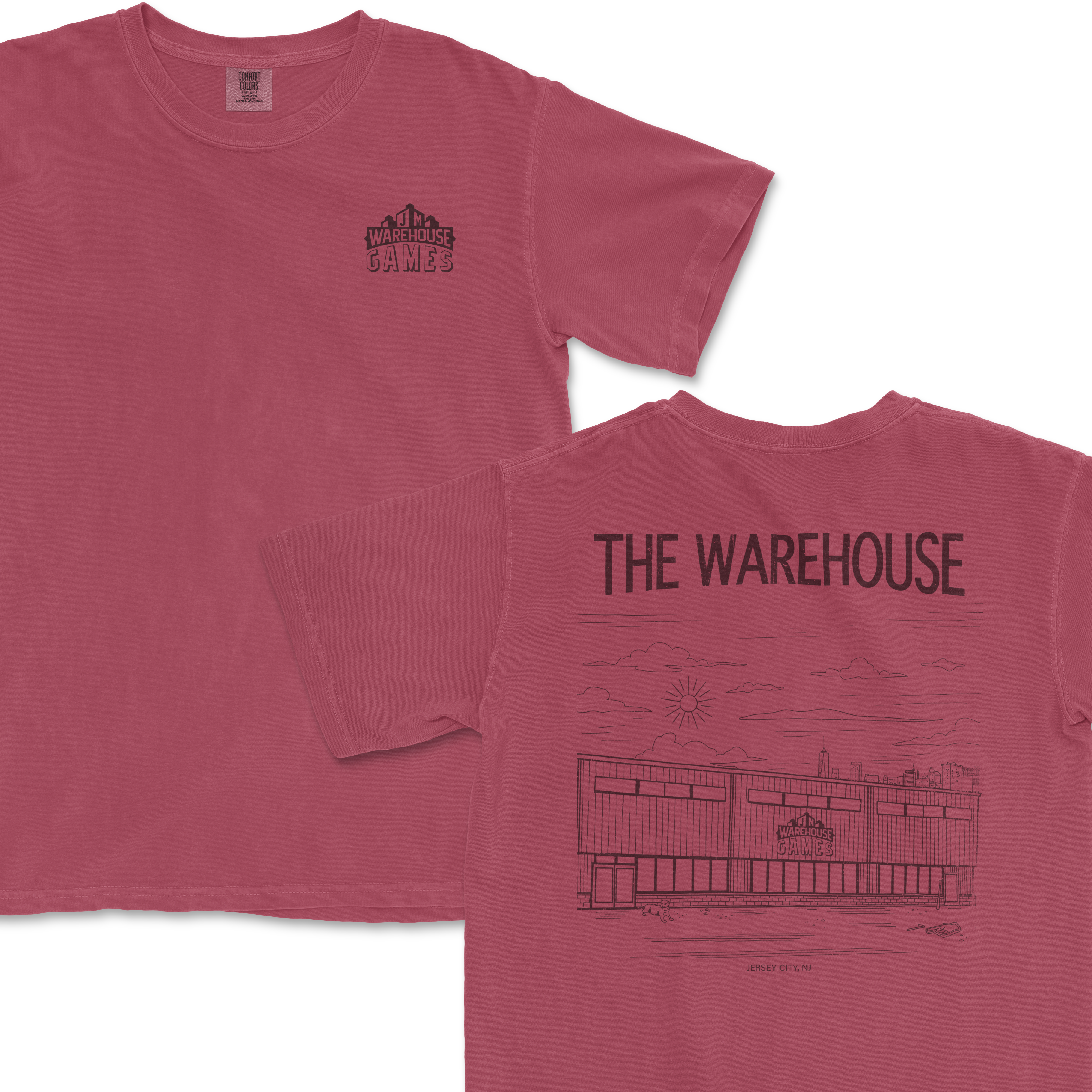 Red T-shirt featuring "The Warehouse" logo on front and back with a building illustration and cityscape design.