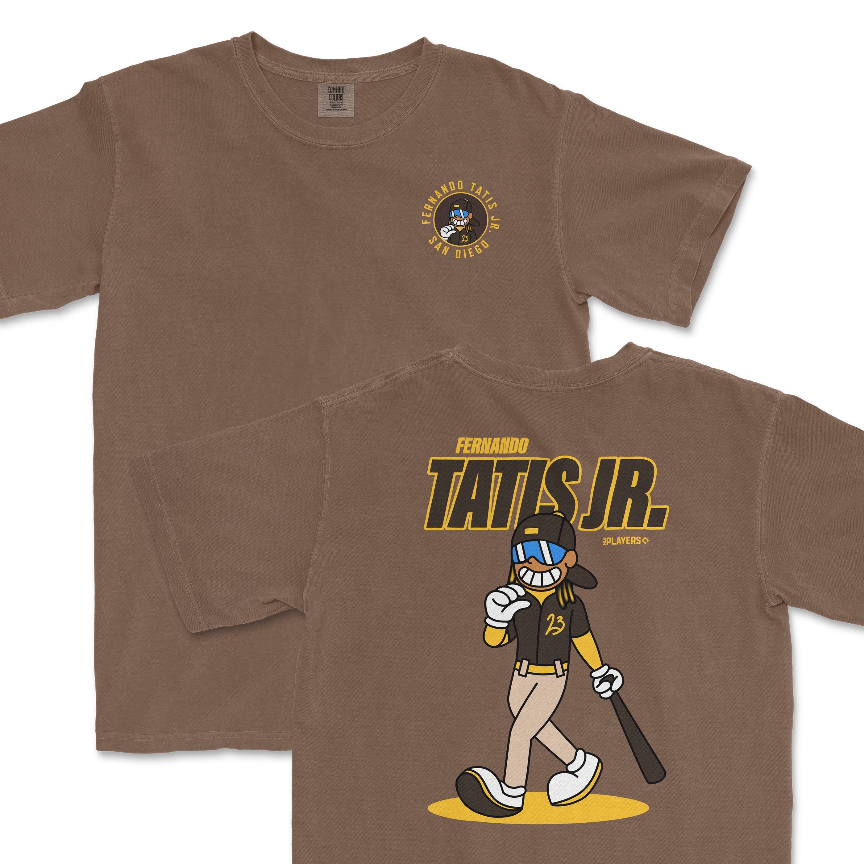 Brown t-shirt featuring a cartoon of Fernando Tatis Jr. with a bat, showcasing his name and team logo.