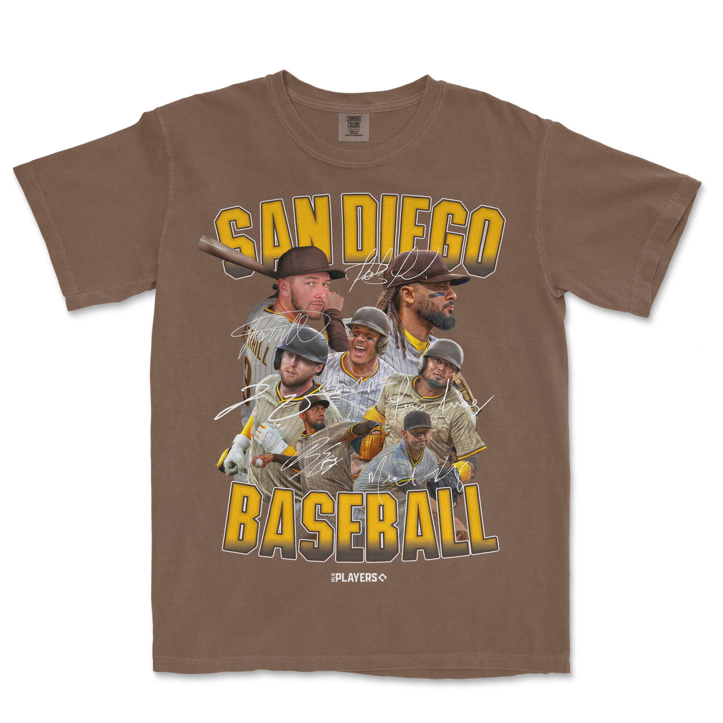 Brown SD Signature Series baseball t-shirt featuring a collage of signed players, "San Diego Baseball" text, and team logo.