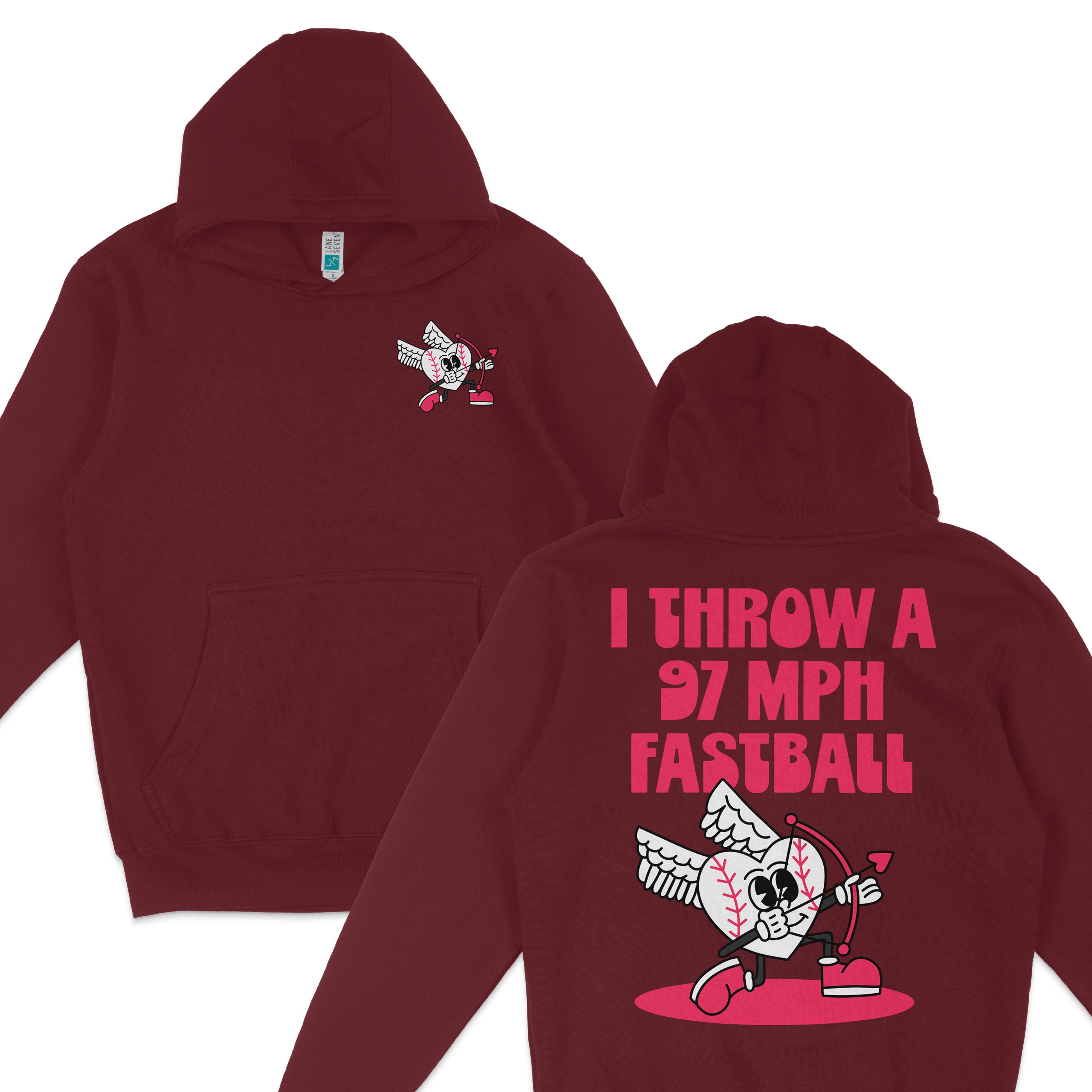 Maroon hoodie featuring a cartoon skull with wings and a bow, with text on the back saying "I THROW A 97 MPH FASTBALL.