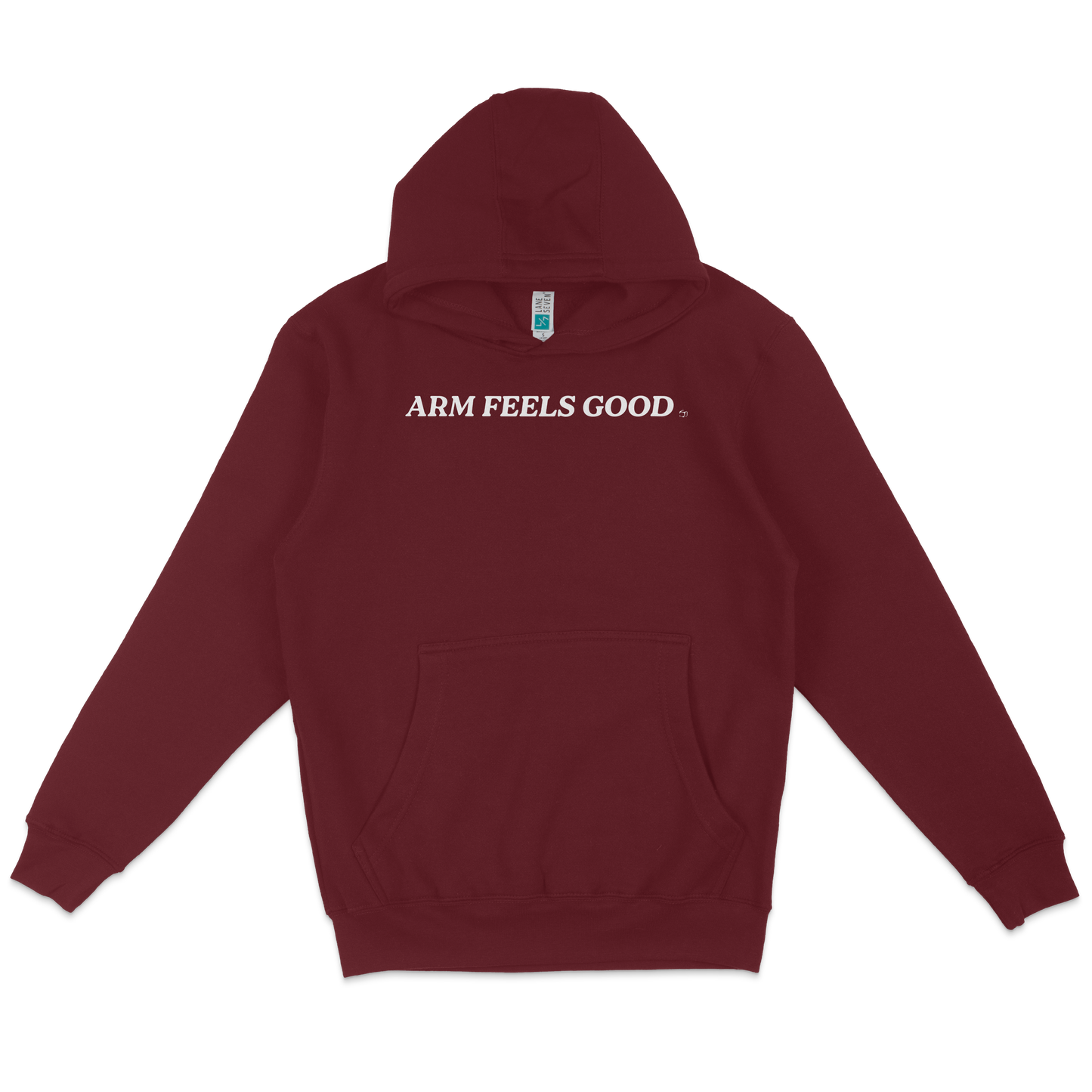Maroon pullover fleece hoodie with "ARM FEELS GOOD" text on the front, featuring a front pocket and a hood.