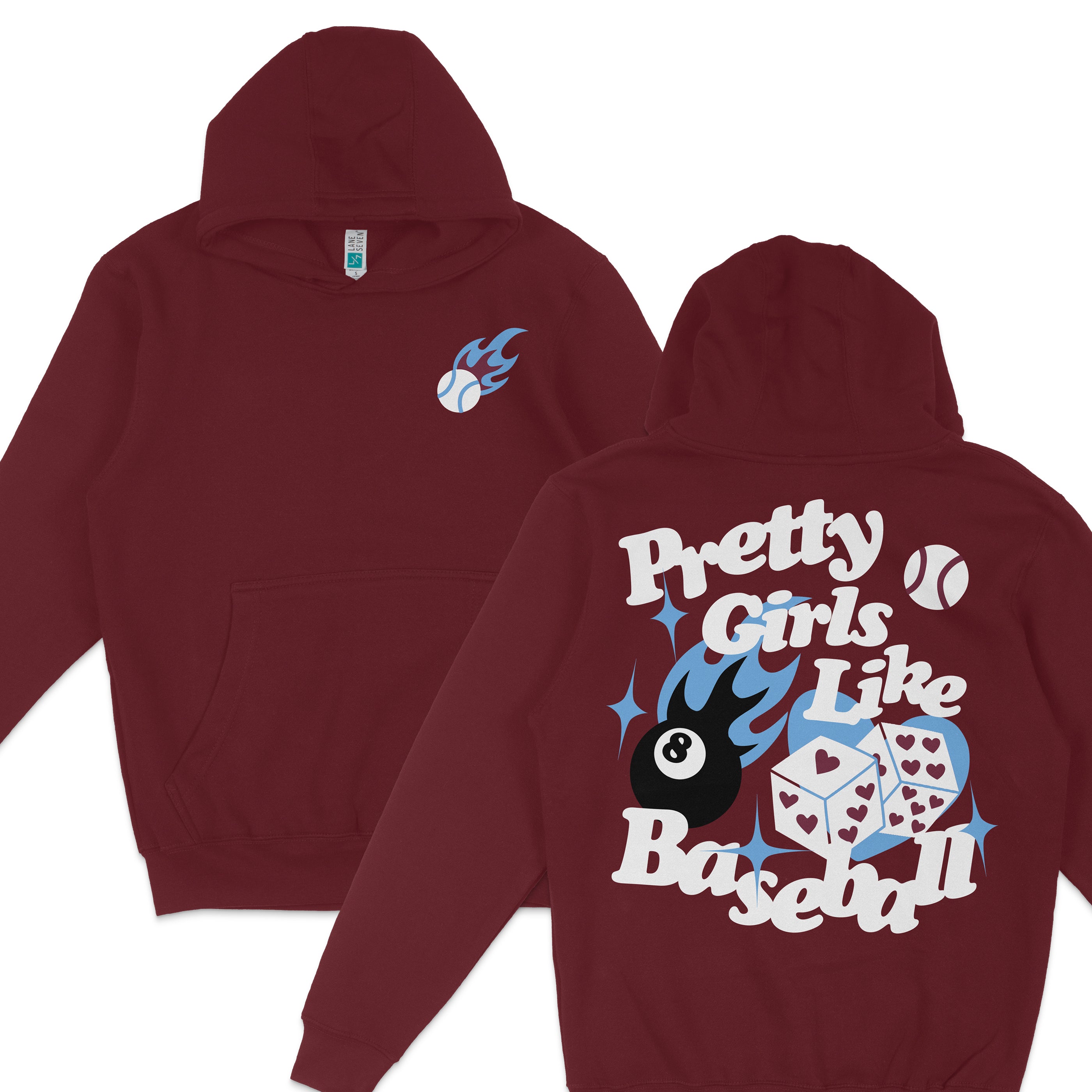 Red hoodie featuring a baseball with flames on the front and "Pretty Girls Like Baseball" graphic with dice, a ball, and stars on the back.