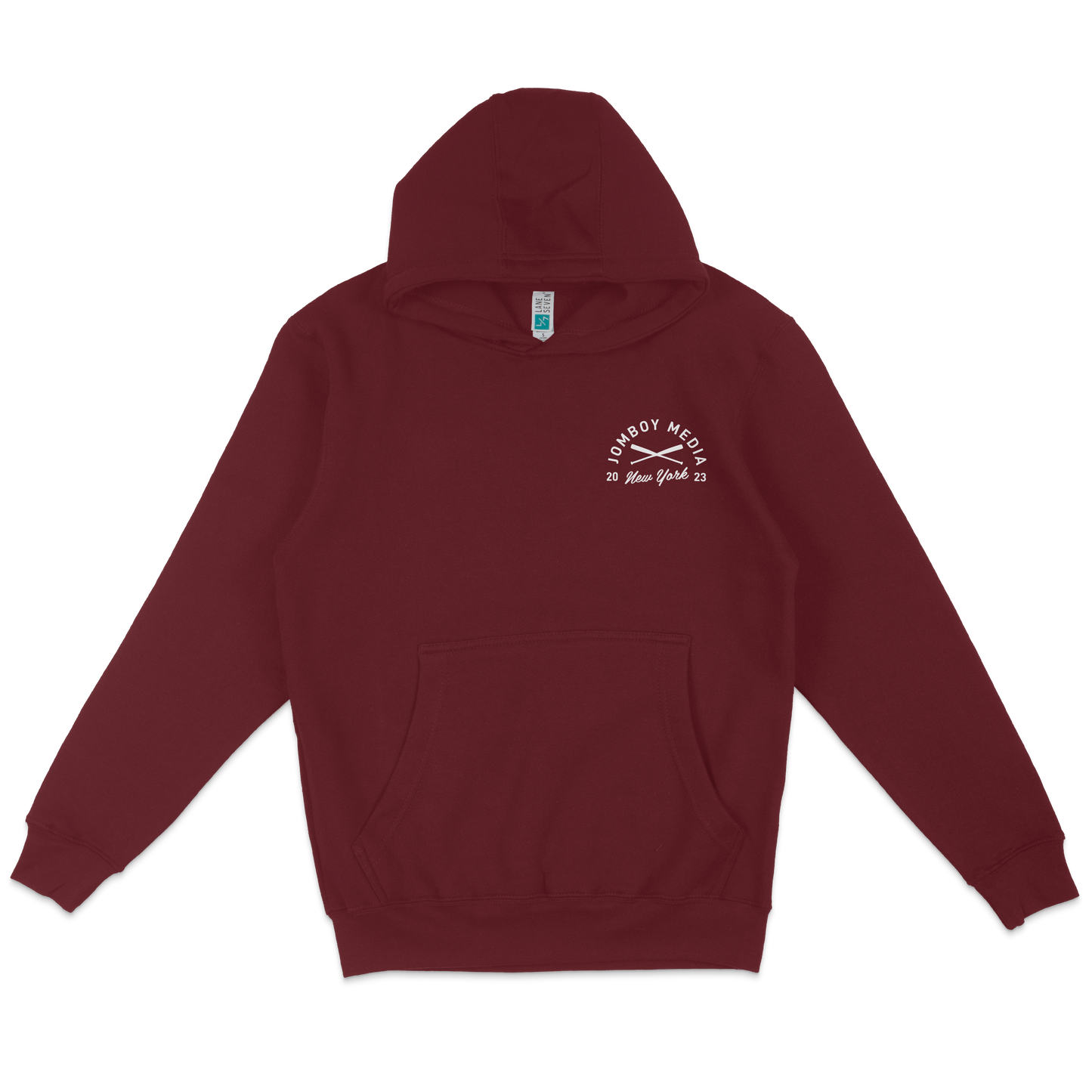 Maroon hoodie featuring the JM Coat of Arms logo with "Omboy Media New York 2023" text on the chest.