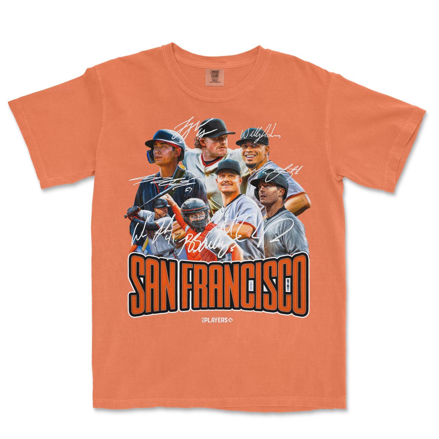 Orange SF Signature Series T-shirt featuring a collage of signed baseball players and "San Francisco" text in bold black and orange.