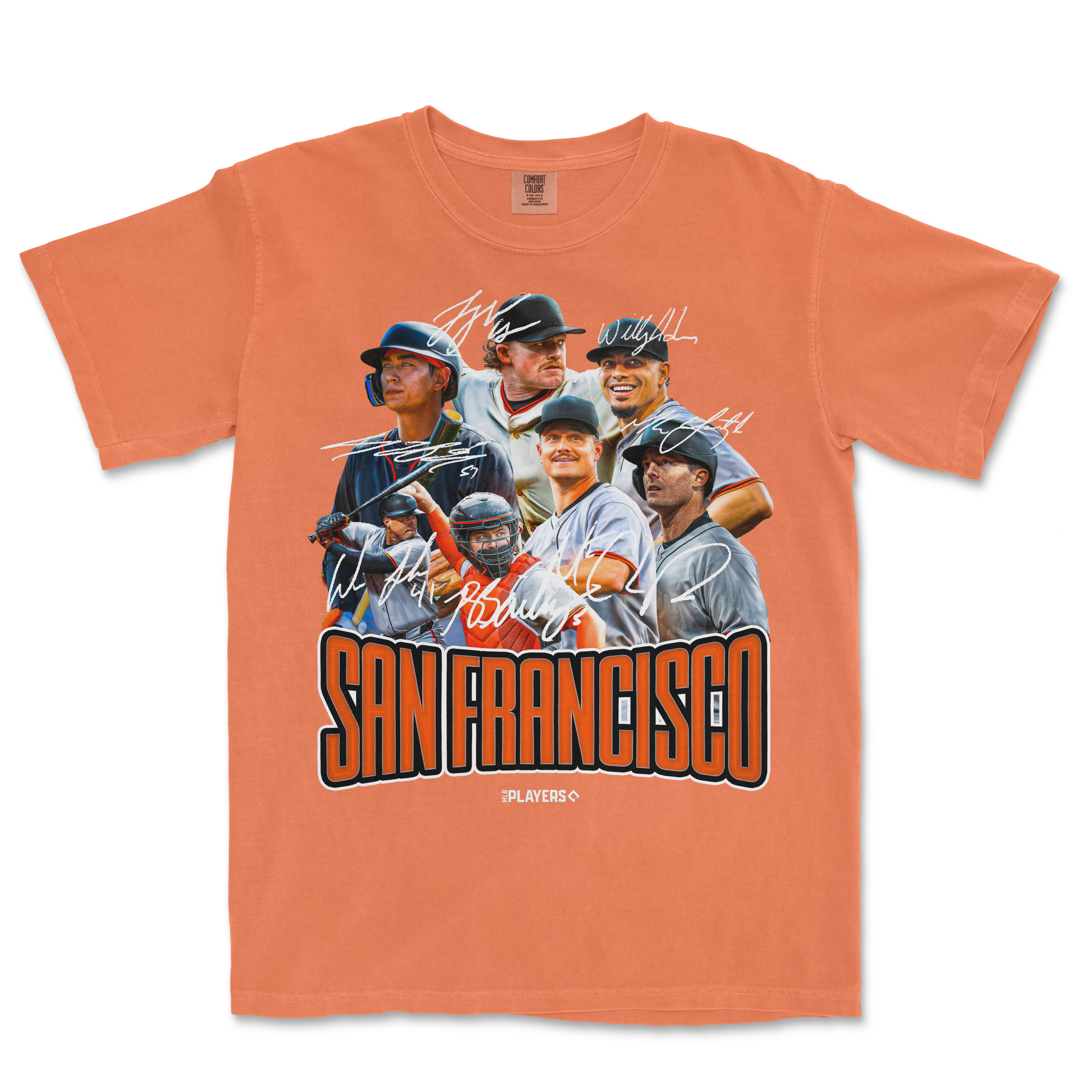 Orange SF Signature Series T-shirt featuring a collage of signed baseball players and "San Francisco" text in bold black and orange.