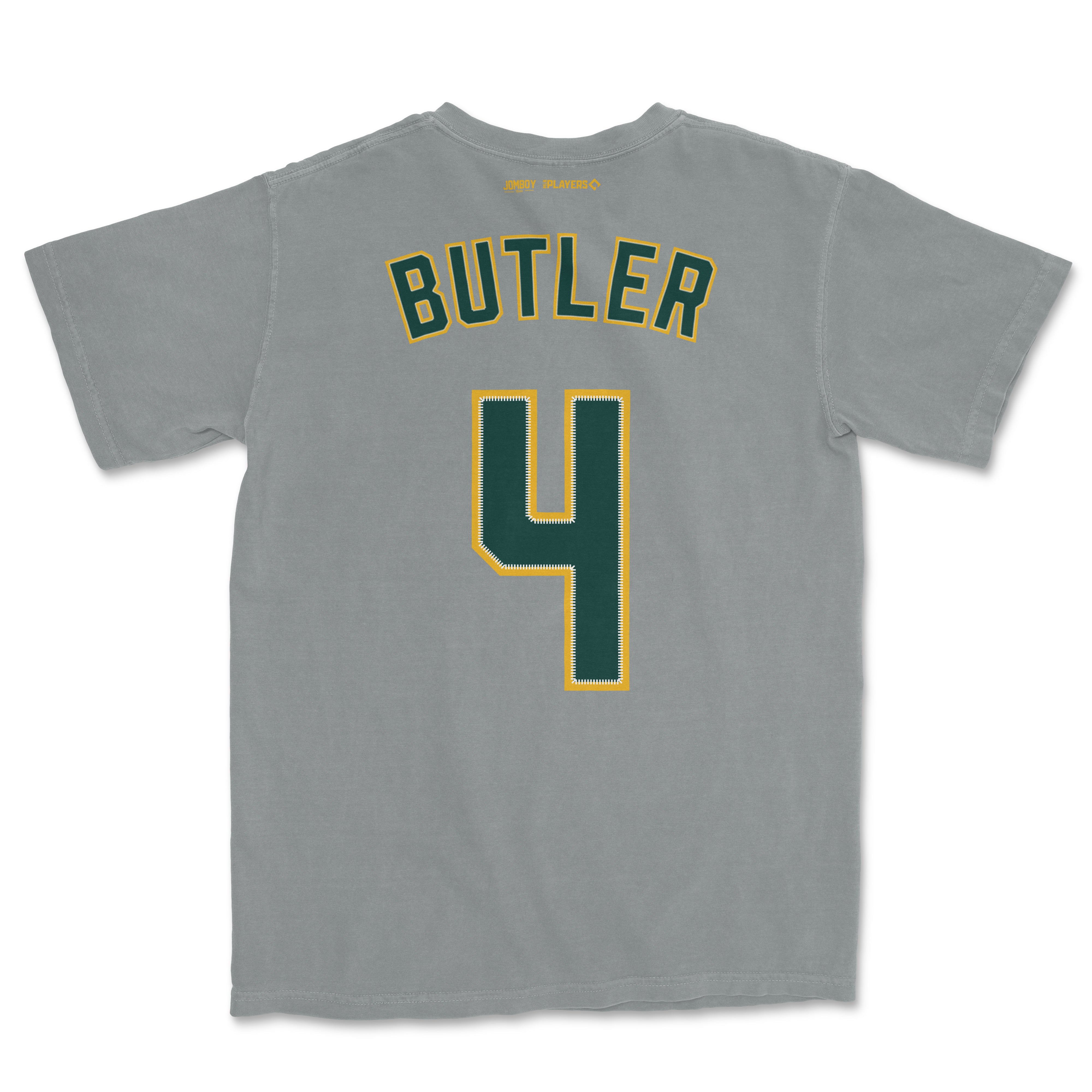 Gray Comfort Colors T-shirt featuring "Butler" in large green and yellow outlined letters and the number 4 on the back.