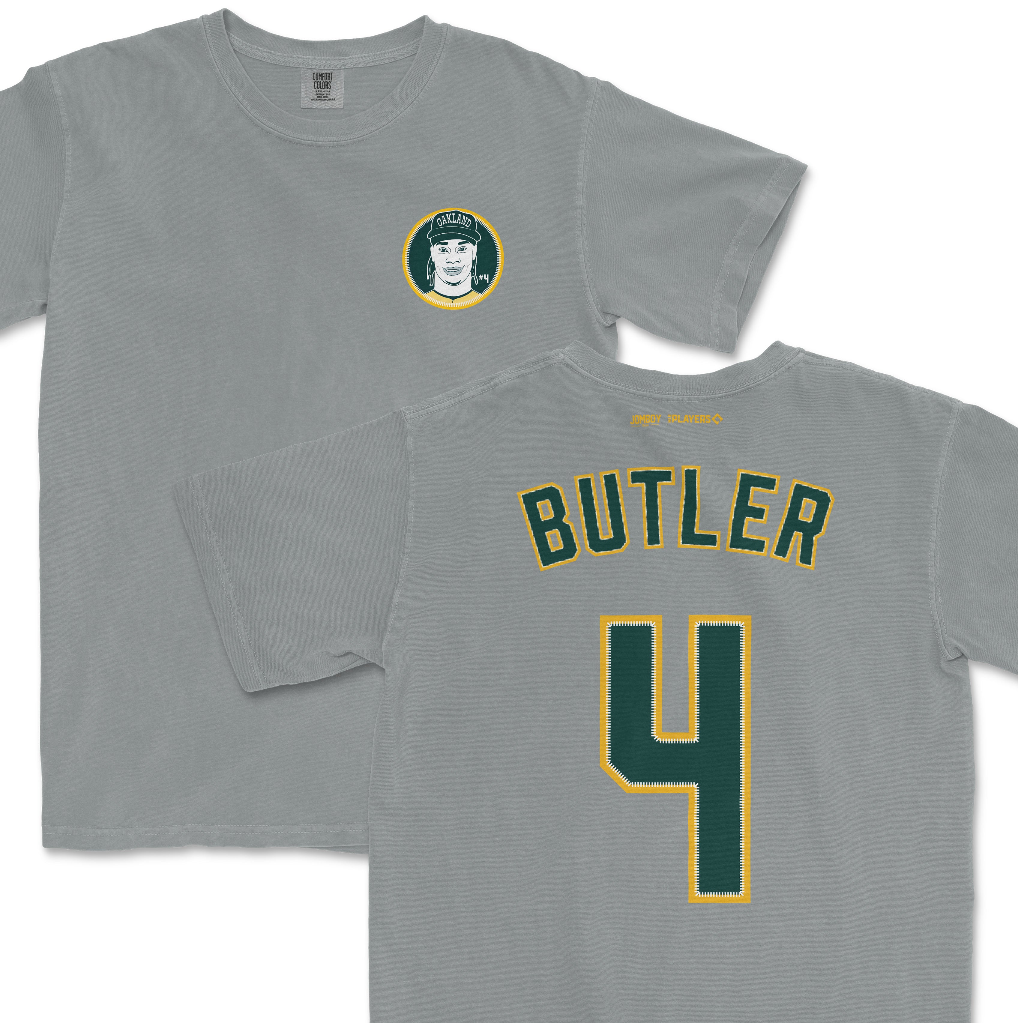 Gray Comfort Colors T-shirt featuring a small Oakland logo on the front chest and "BUTLER" with the number 4 on the back.