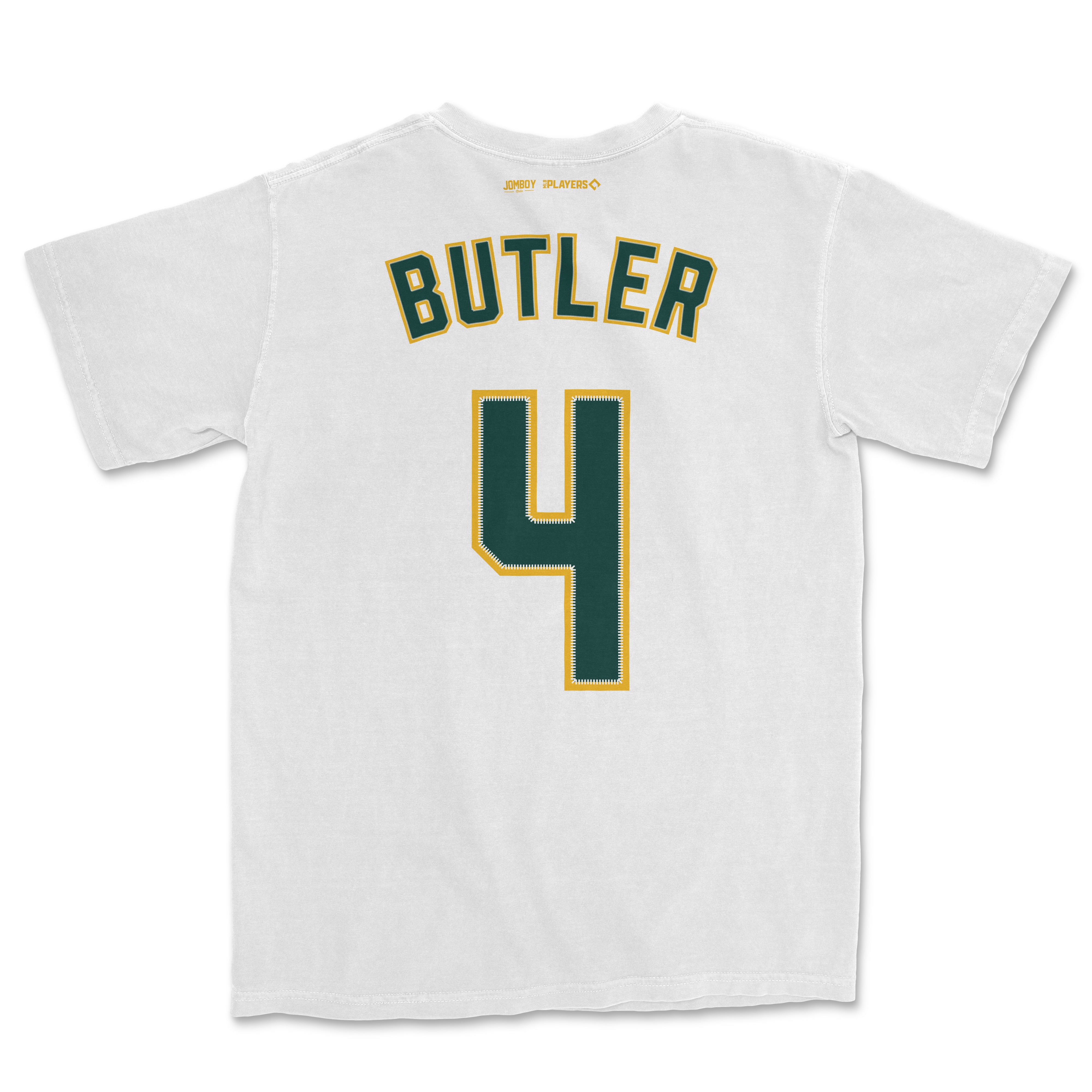 White Comfort Colors tee featuring "Butler" and the number 4 in green with yellow outlines, designed by Lawrence Butler Shirsey.