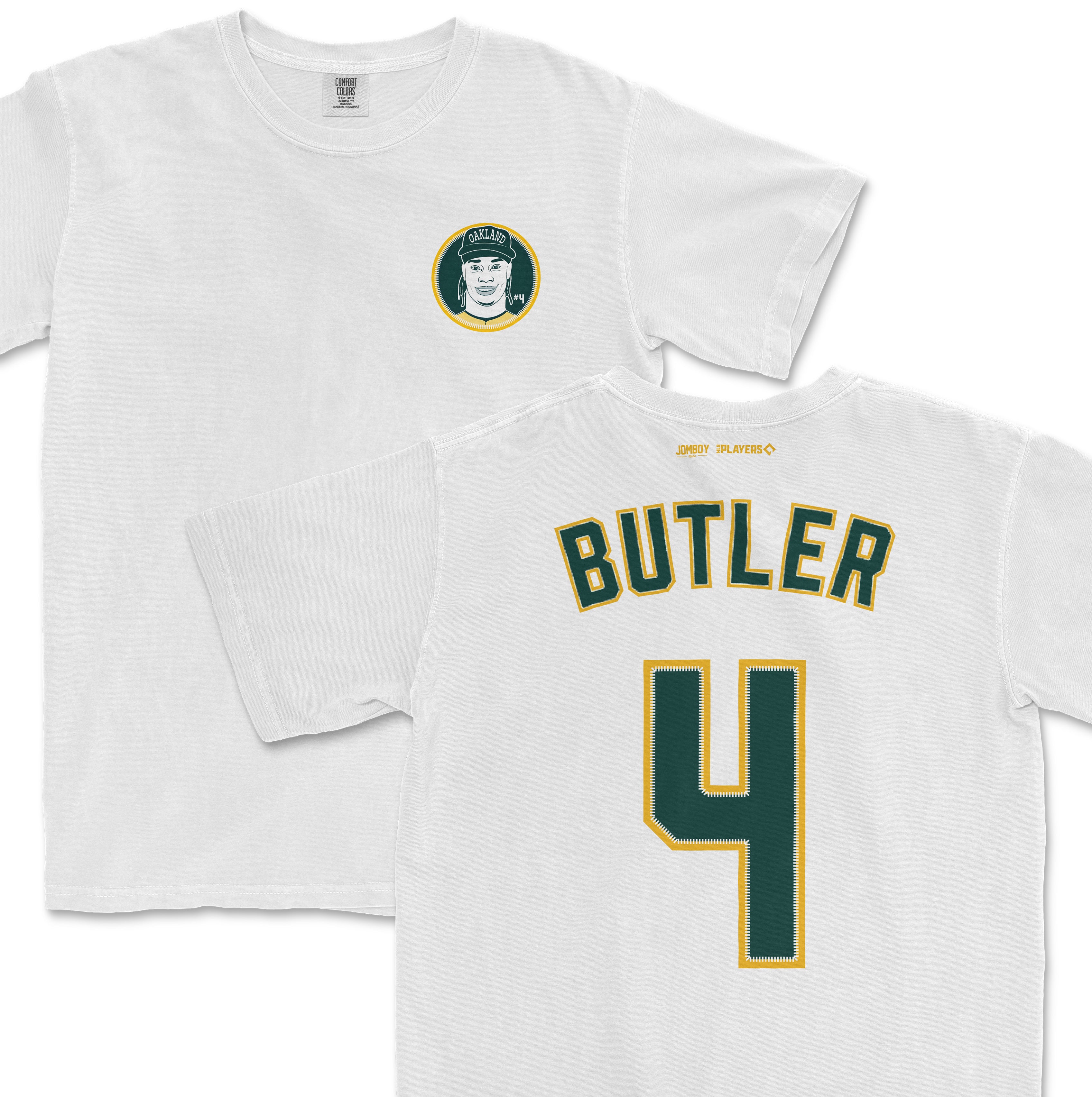 White Comfort Colors tee featuring a small Oakland-themed graphic on the front and "BUTLER 4" in large green and yellow lettering on the back.