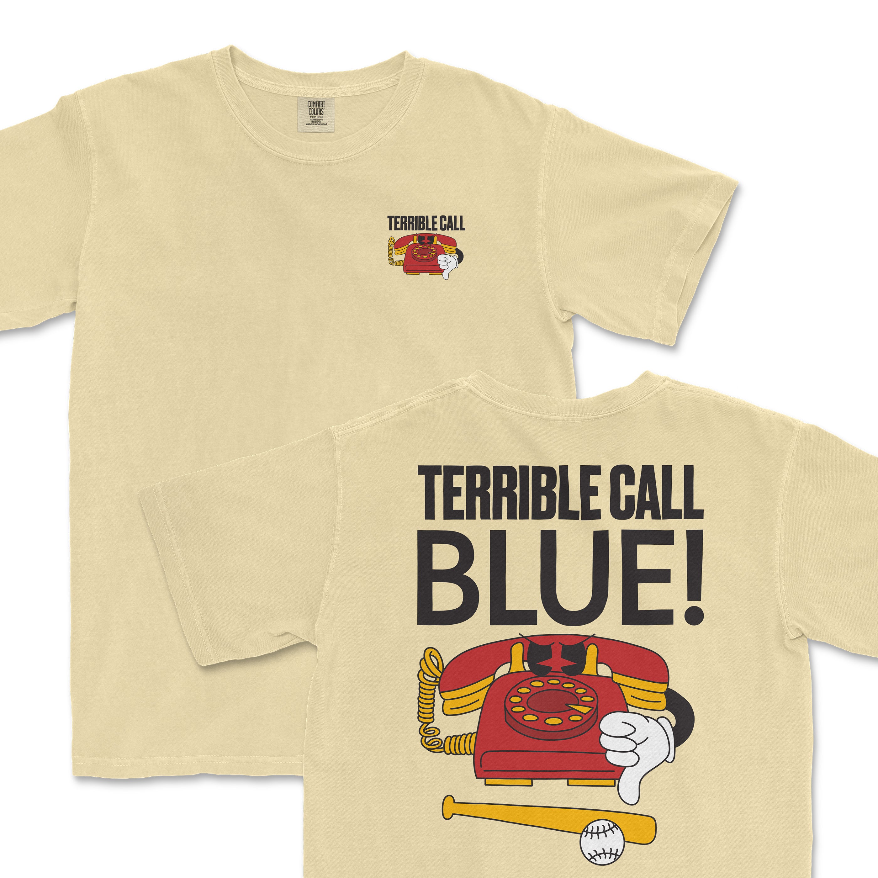 Beige t-shirt featuring a vintage phone graphic with "Terrible Call Blue!" text, perfect for sports fans.